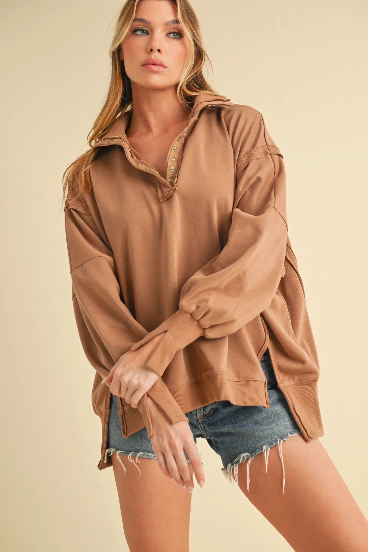 Mocha Snap Button Pullover Henley Sweatshirt sold by Pinkblush product image thumbnail 2