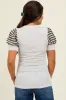 Beige/Olive Striped Ribbed Short Puff Sleeve V-Neck Maternity Top sold by Pinkblush