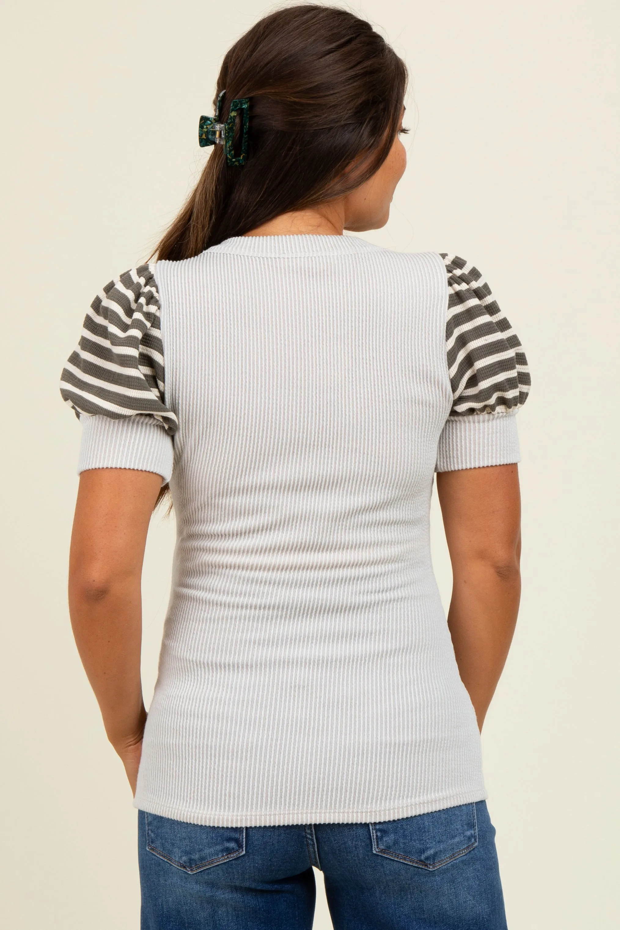 Beige/Olive Striped Ribbed Short Puff Sleeve V-Neck Maternity Top sold by Pinkblush product image thumbnail 3
