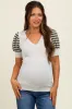 Beige/Olive Striped Ribbed Short Puff Sleeve V-Neck Maternity Top sold by Pinkblush