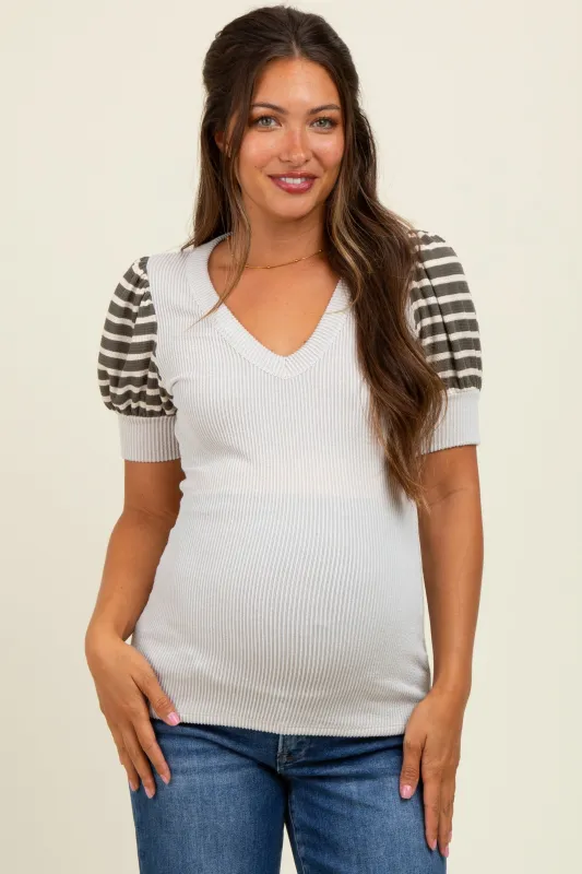 Beige/Olive Striped Ribbed Short Puff Sleeve V-Neck Maternity Top sold by Pinkblush