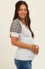 Beige/Olive Striped Ribbed Short Puff Sleeve V-Neck Maternity Top sold by Pinkblush