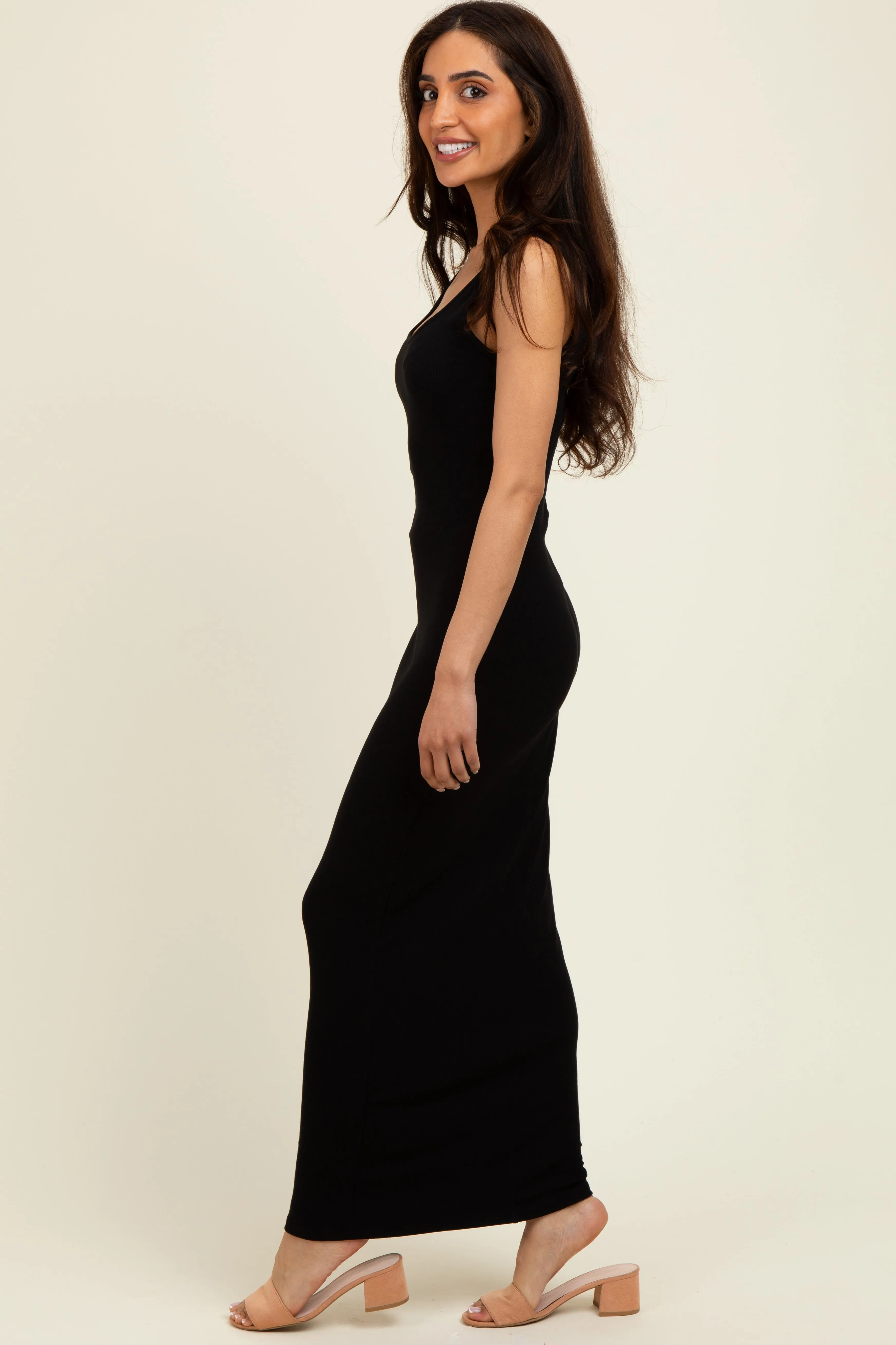 Black Scoop Neck Sleeveless Rayon Rib Maxi Knit Dress sold by Pinkblush product image thumbnail 2