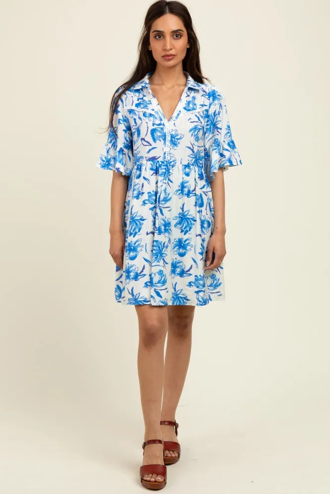 Blue Floral V-Neck Crochet Trim Dress sold by Pinkblush