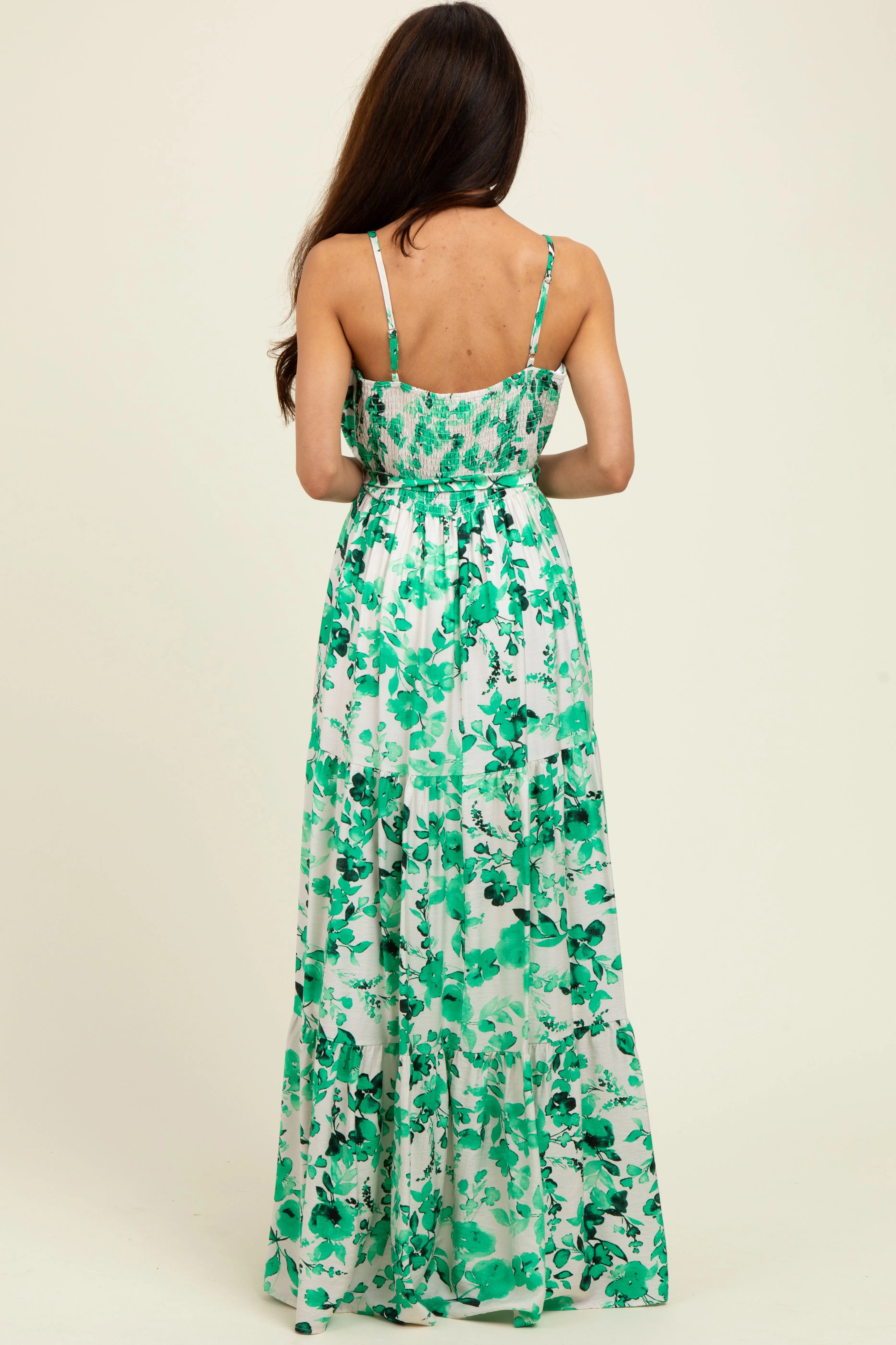 Green Floral Tiered Sleeveless Sash Tie Maxi Dress sold by Pinkblush product image thumbnail 4
