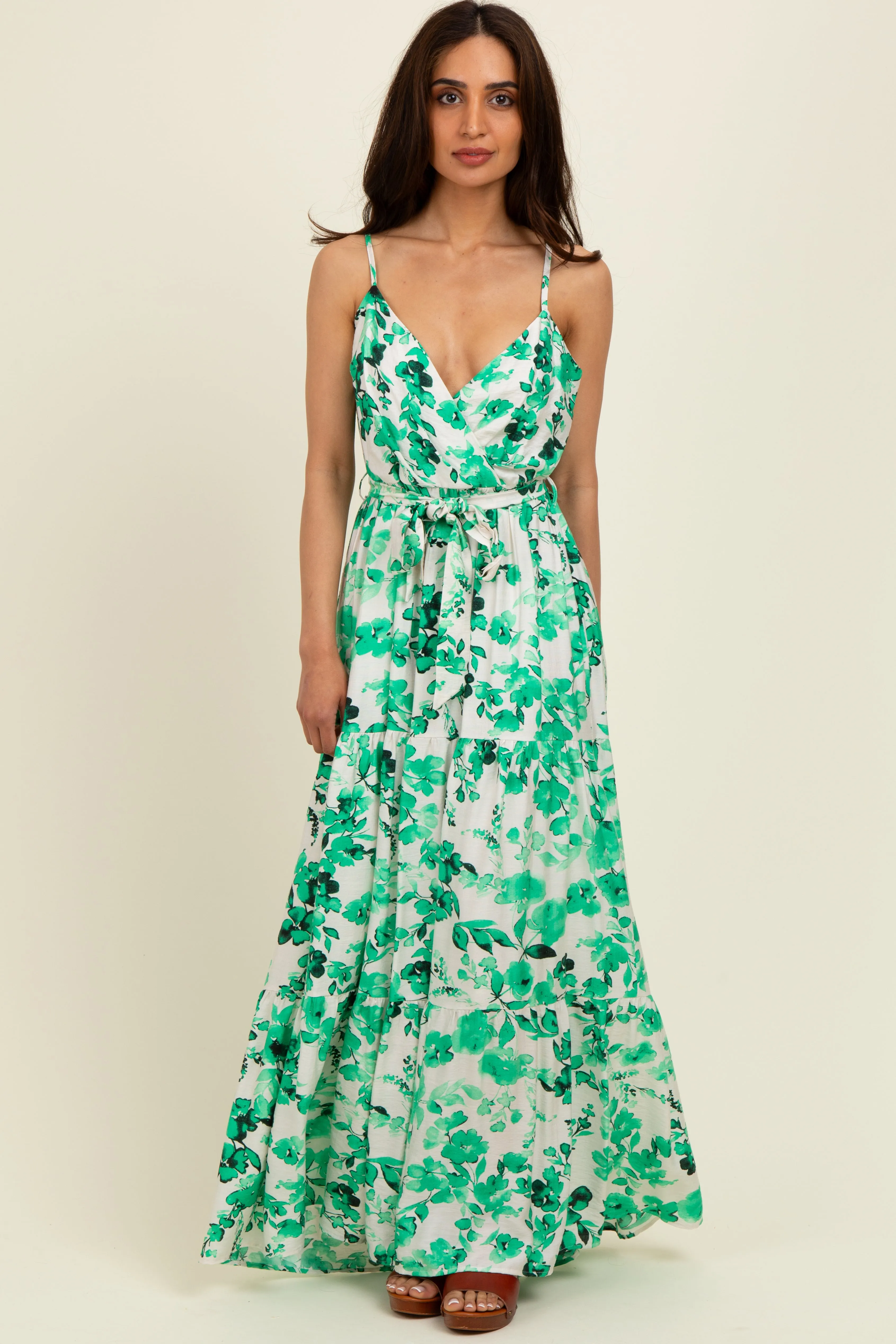 Green Floral Tiered Sleeveless Sash Tie Maxi Dress sold by Pinkblush