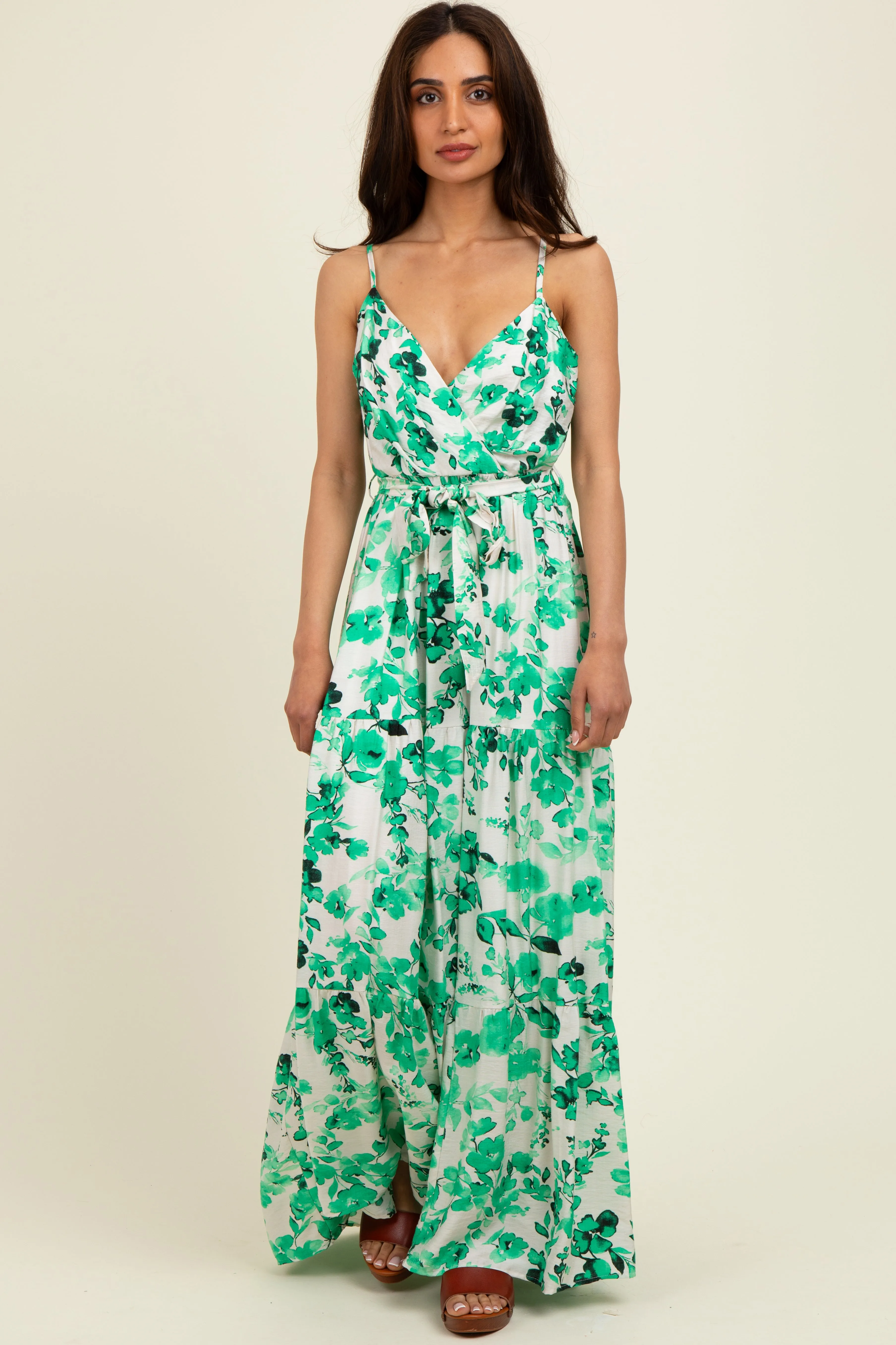 Green Floral Tiered Sleeveless Sash Tie Maxi Dress sold by Pinkblush product image thumbnail 2