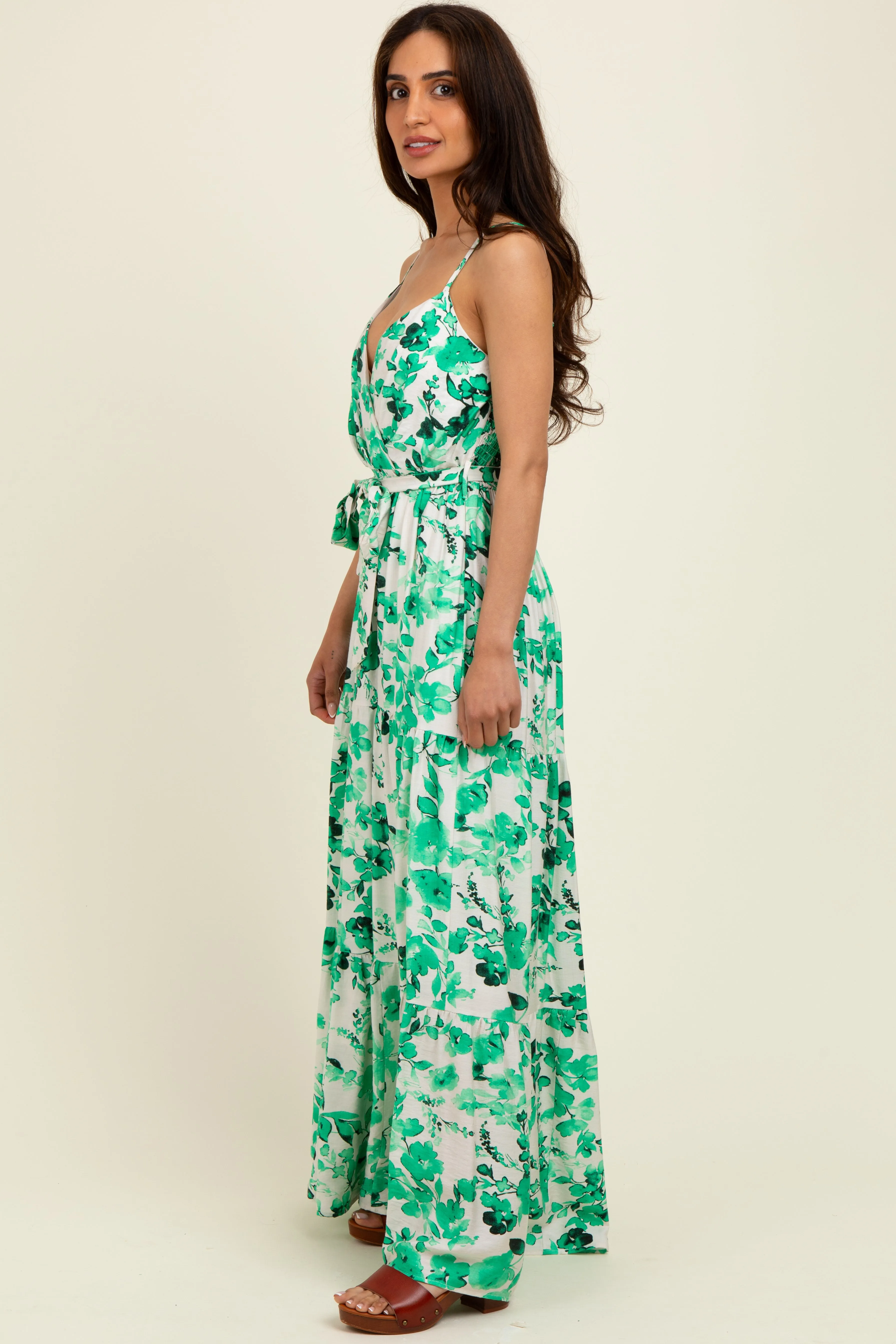 Green Floral Tiered Sleeveless Sash Tie Maxi Dress sold by Pinkblush product image thumbnail 3