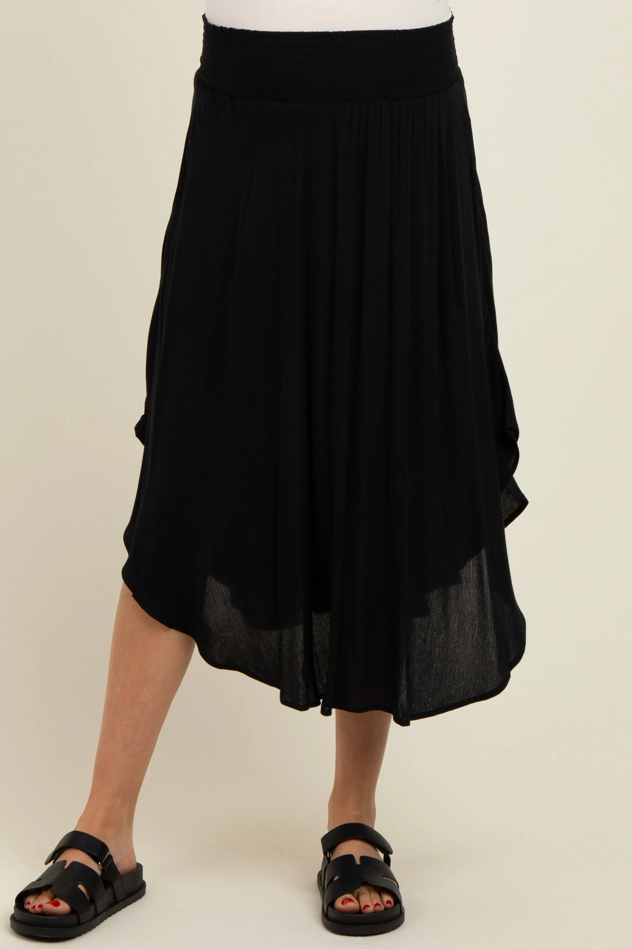 Black Smocked Waist Rounded Hem Maternity Skirt sold by Pinkblush product image thumbnail 2