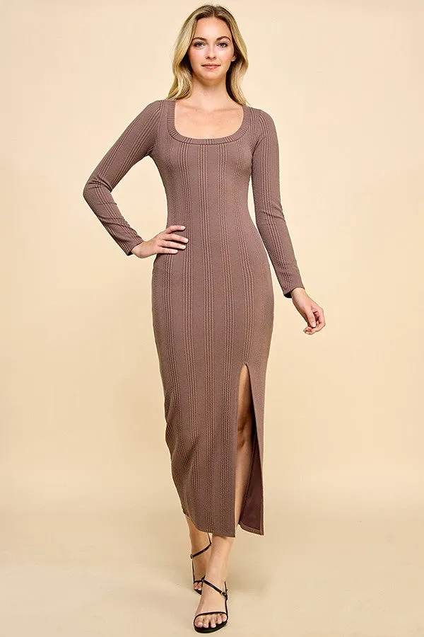 Brown Scoop Neck Long Sleeve Front Slit Maxi Dress sold by Pinkblush