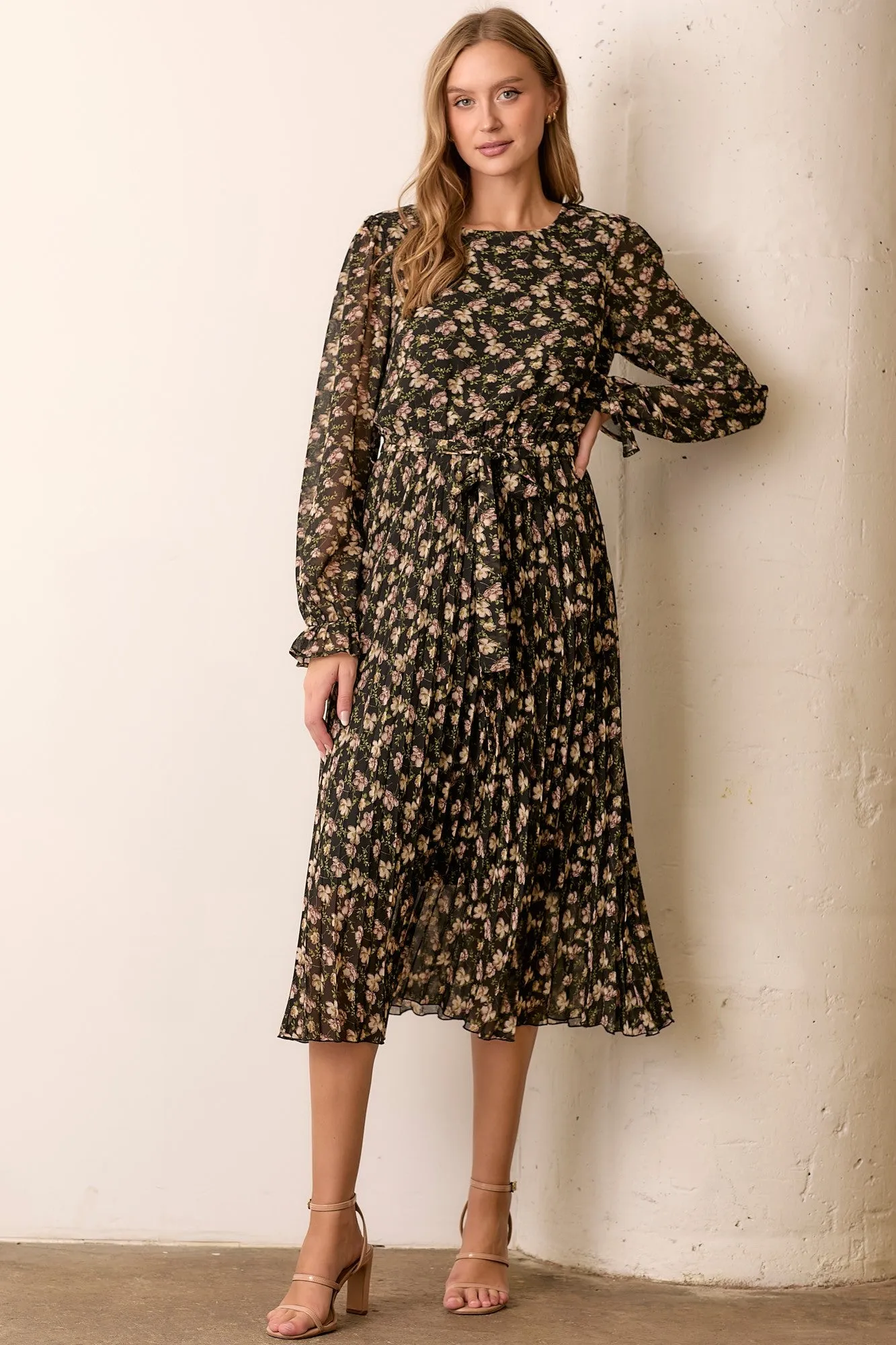 Black Floral Chiffon Long Sleeve Pleated Midi Dress sold by Pinkblush