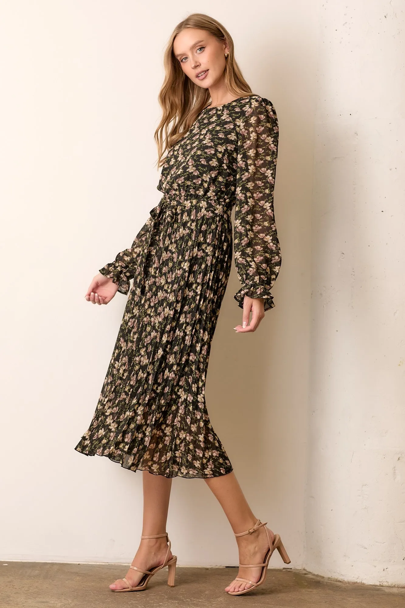 Black Floral Chiffon Long Sleeve Pleated Midi Dress sold by Pinkblush product image thumbnail 2