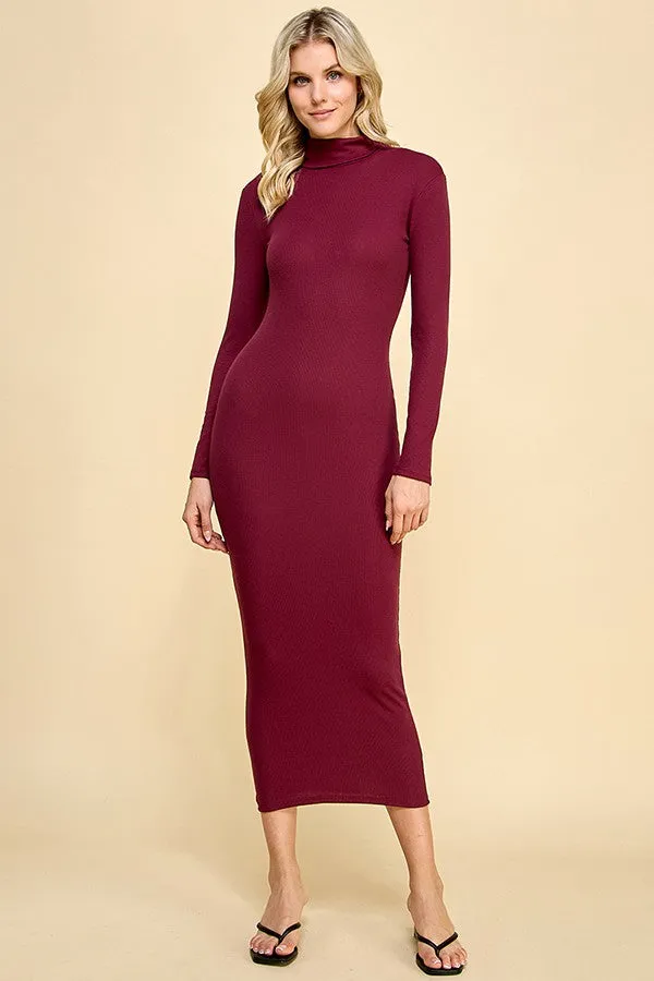 Burgundy Turtle Neck Ribbed Fitted Long Sleeve Maxi Dress sold by Pinkblush