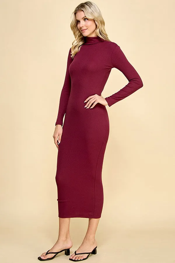 Burgundy Turtle Neck Ribbed Fitted Long Sleeve Maxi Dress sold by Pinkblush product image thumbnail 3