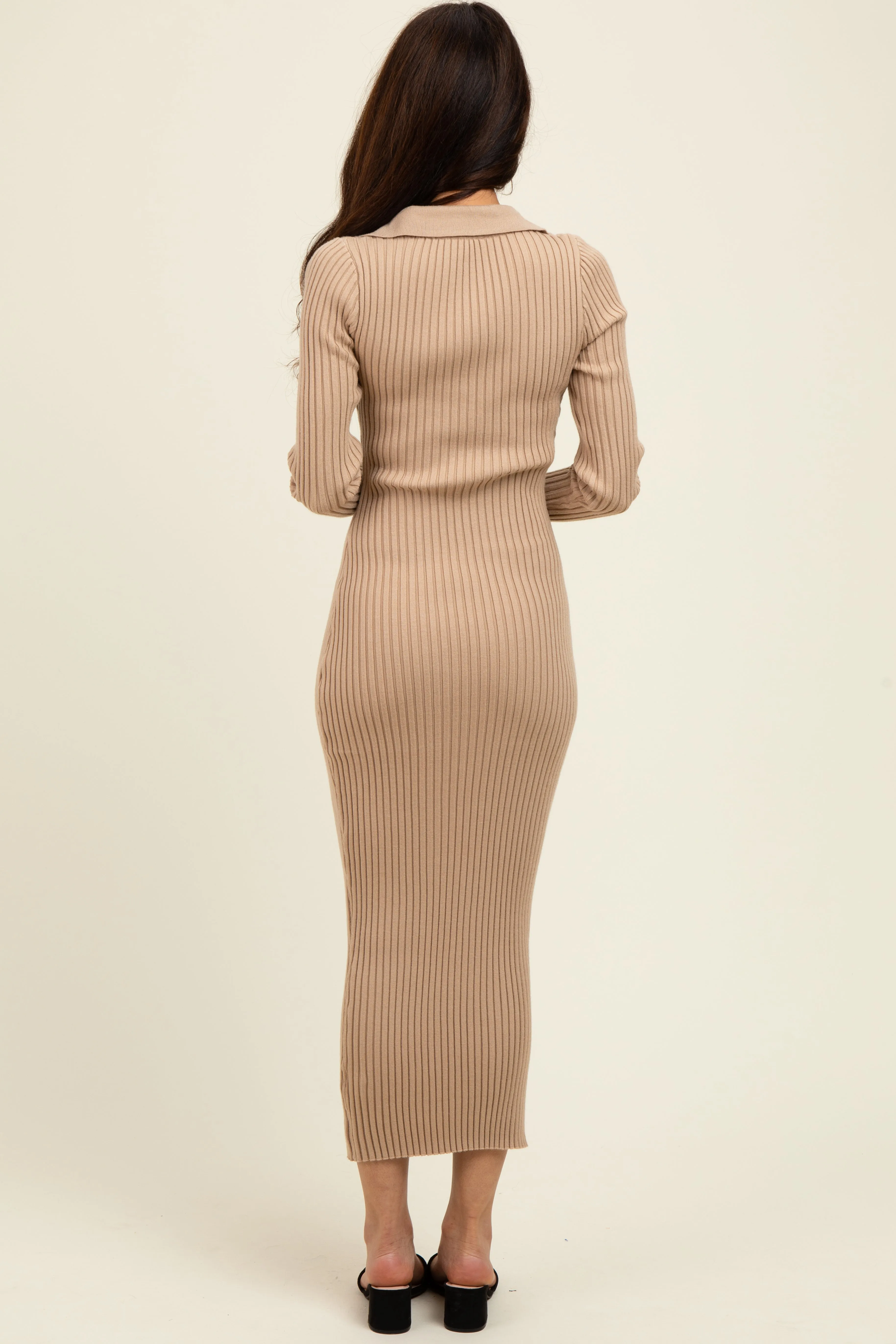 Beige Ribbed Knit Collared Sweater Dress sold by Pinkblush product image thumbnail 4