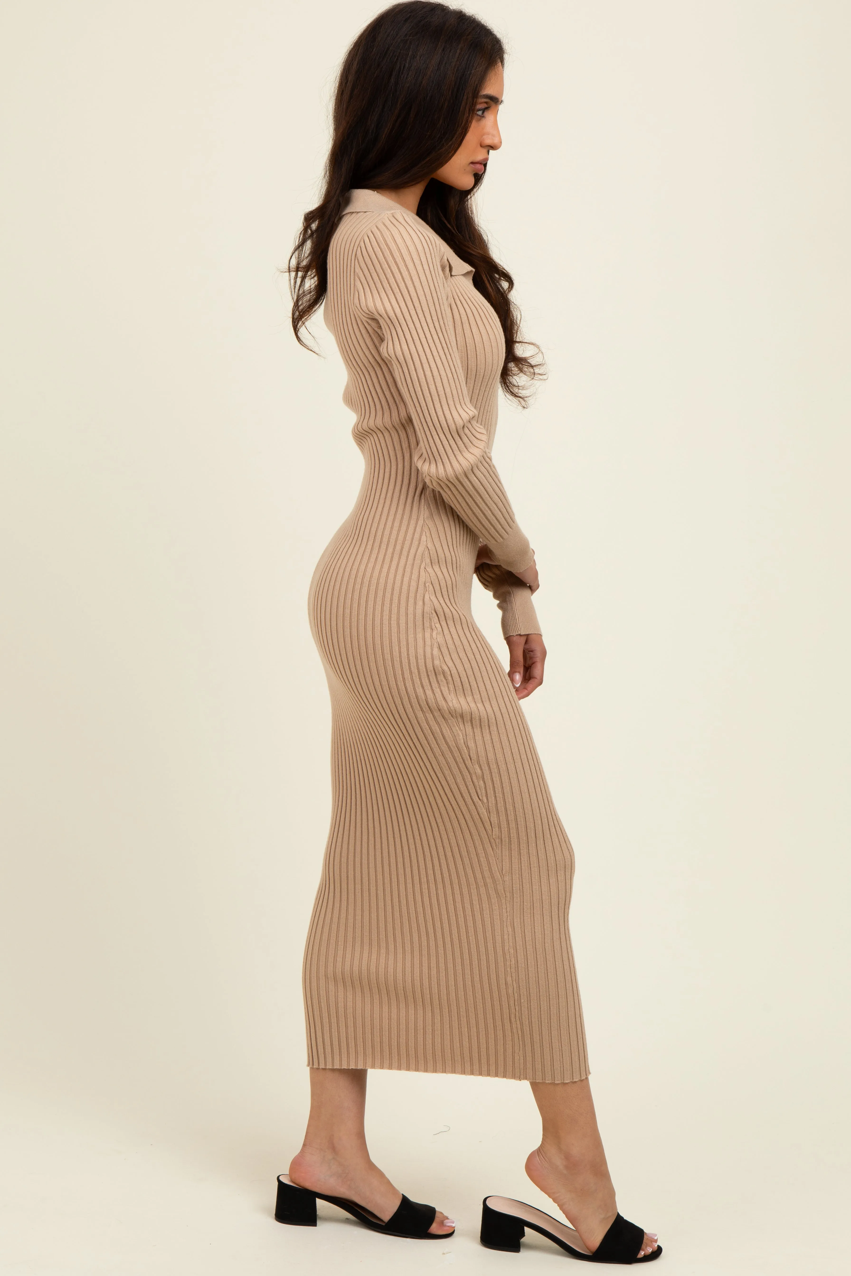 Beige Ribbed Knit Collared Sweater Dress sold by Pinkblush product image thumbnail 3