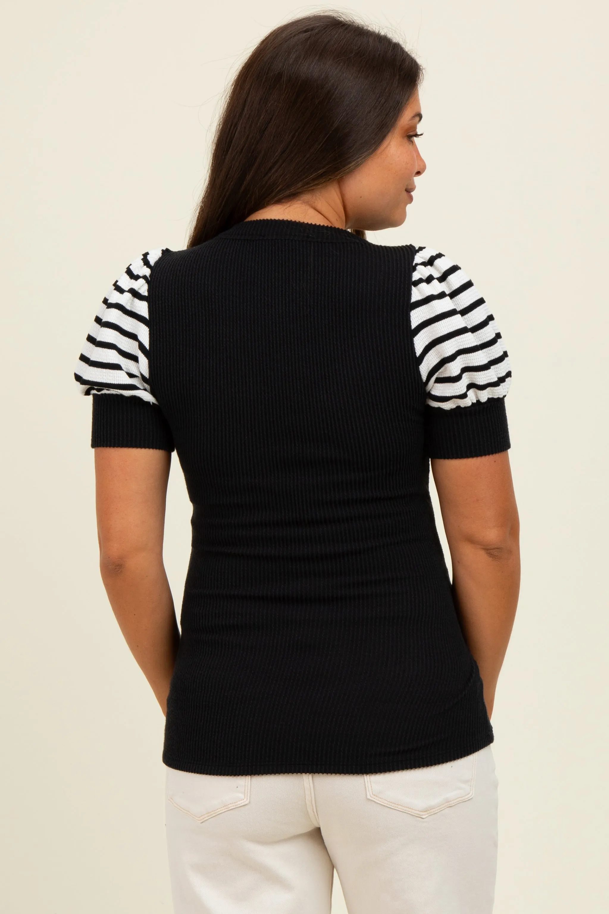 Black/Ivory Striped Ribbed Short Puff Sleeve V-Neck Maternity Top sold by Pinkblush product image thumbnail 3