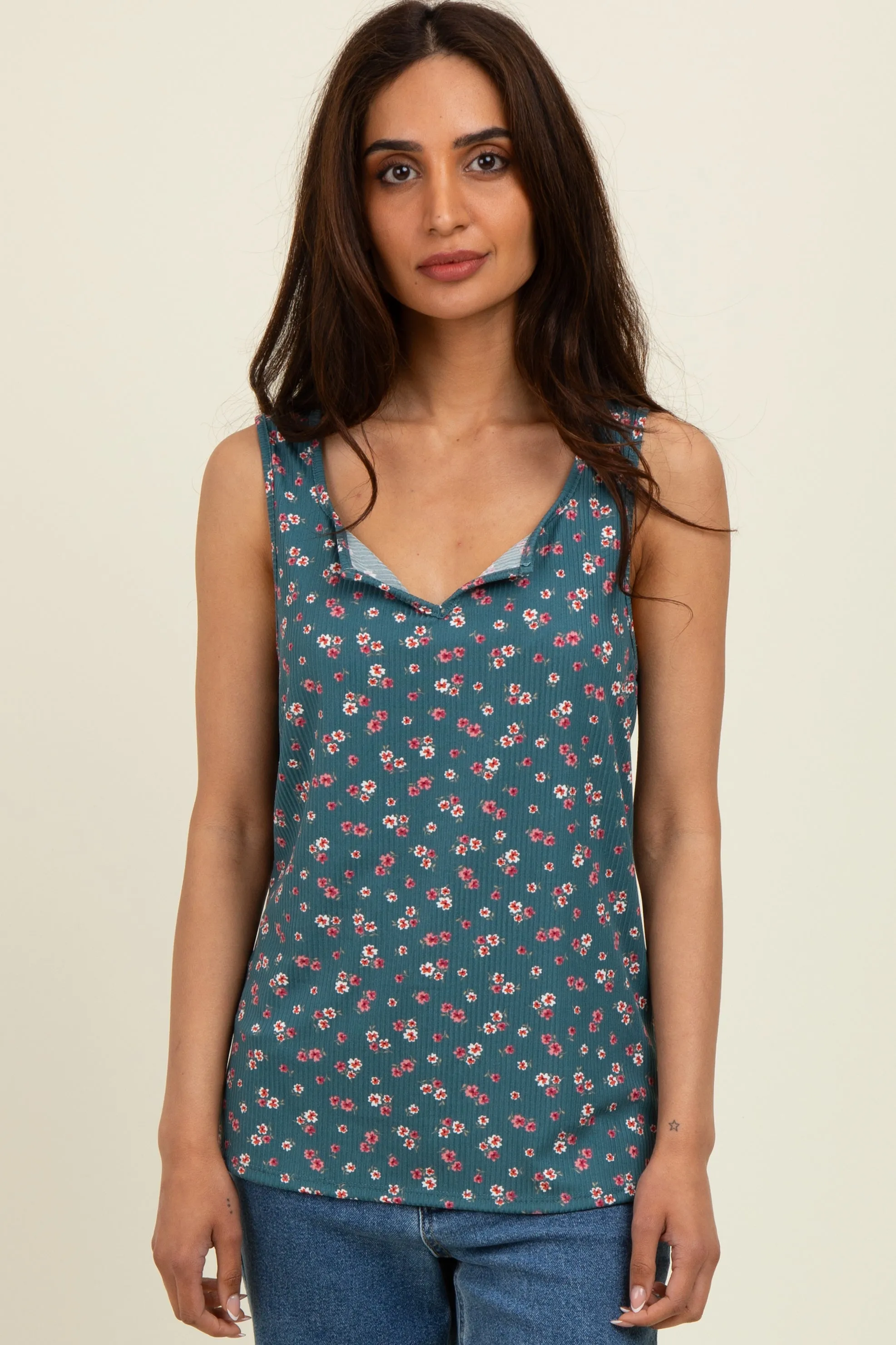 Teal Floral Ribbed Split Neck Tank Top sold by Pinkblush product image thumbnail 2