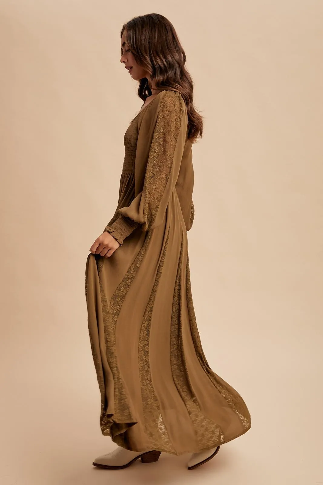 Brown Lace Inset Smocked Maxi Dress sold by Pinkblush product image thumbnail 3