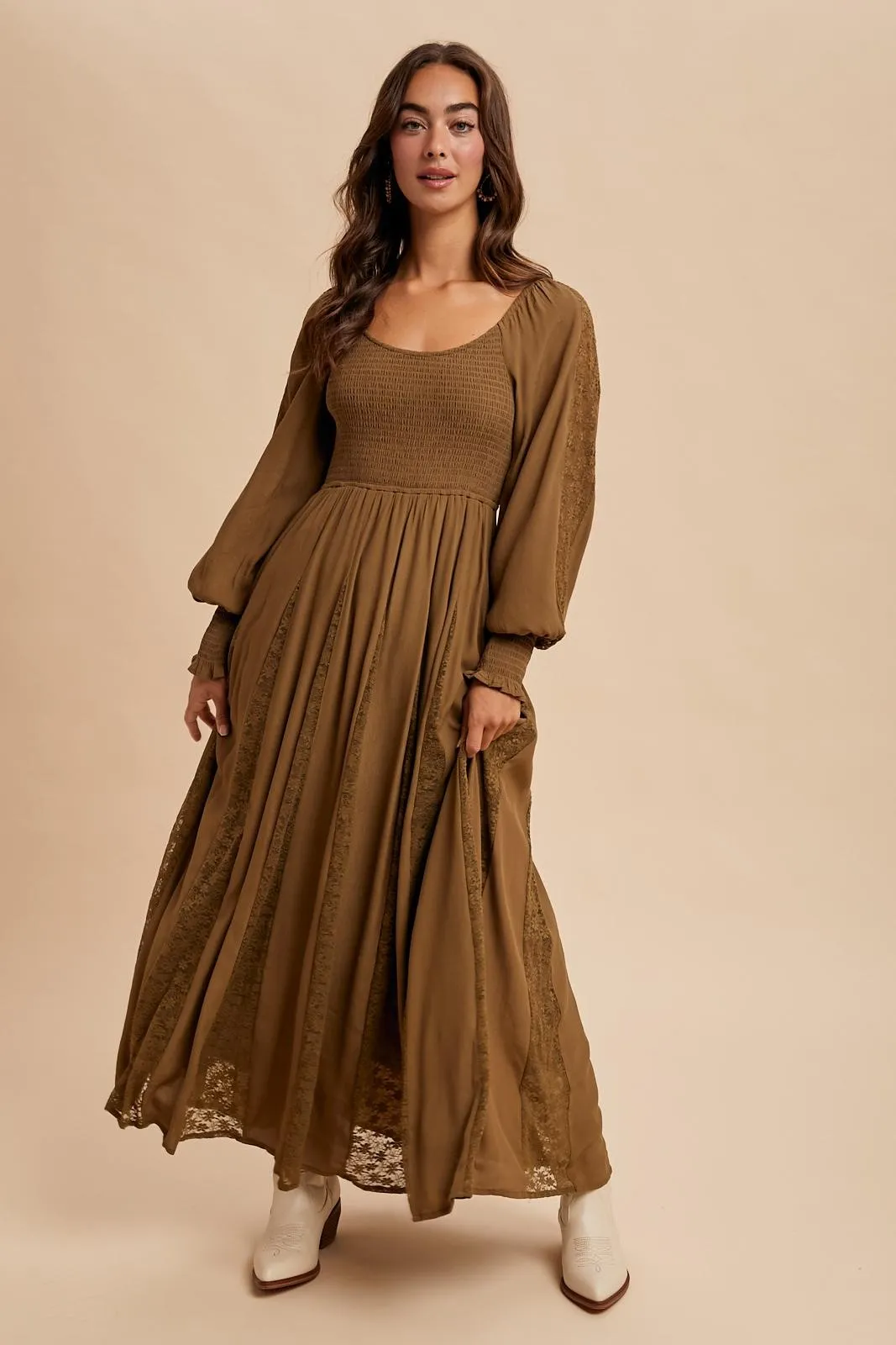 Brown Lace Inset Smocked Maxi Dress sold by Pinkblush