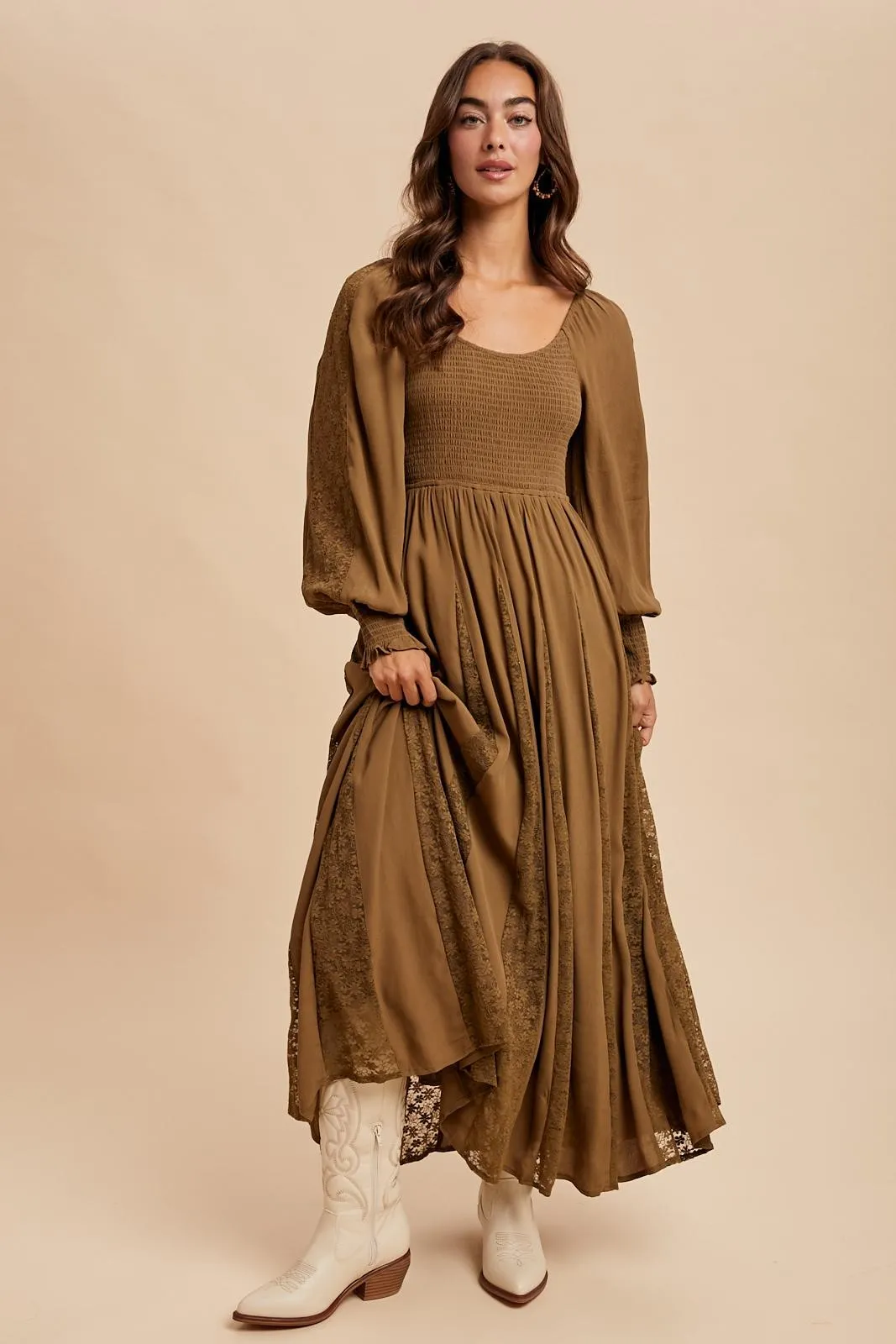 Brown Lace Inset Smocked Maxi Dress sold by Pinkblush product image thumbnail 2