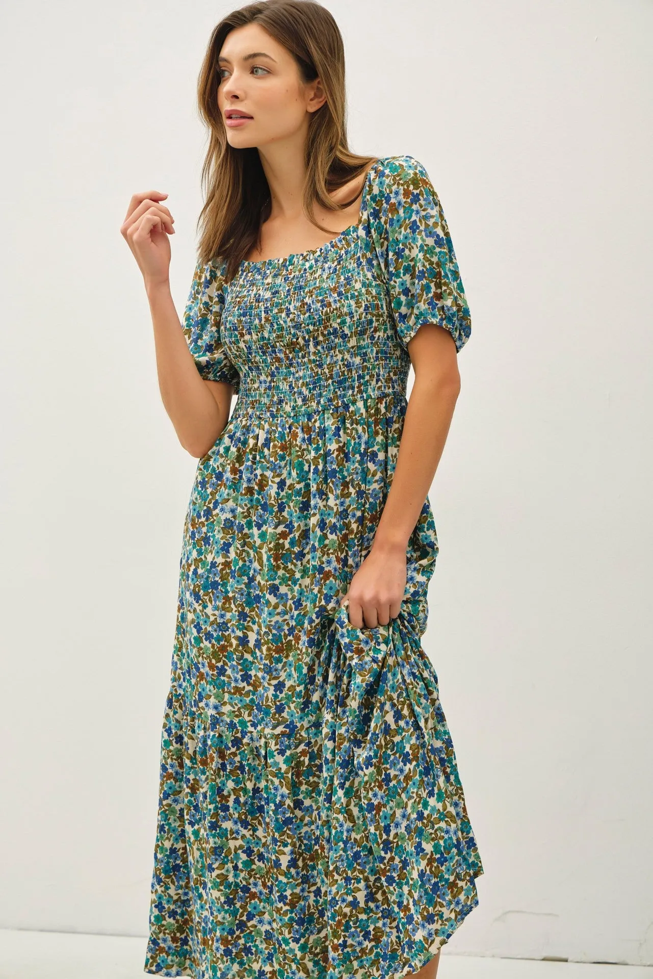 Blue Floral Smocked Tiered Midi Dress sold by Pinkblush product image thumbnail 4