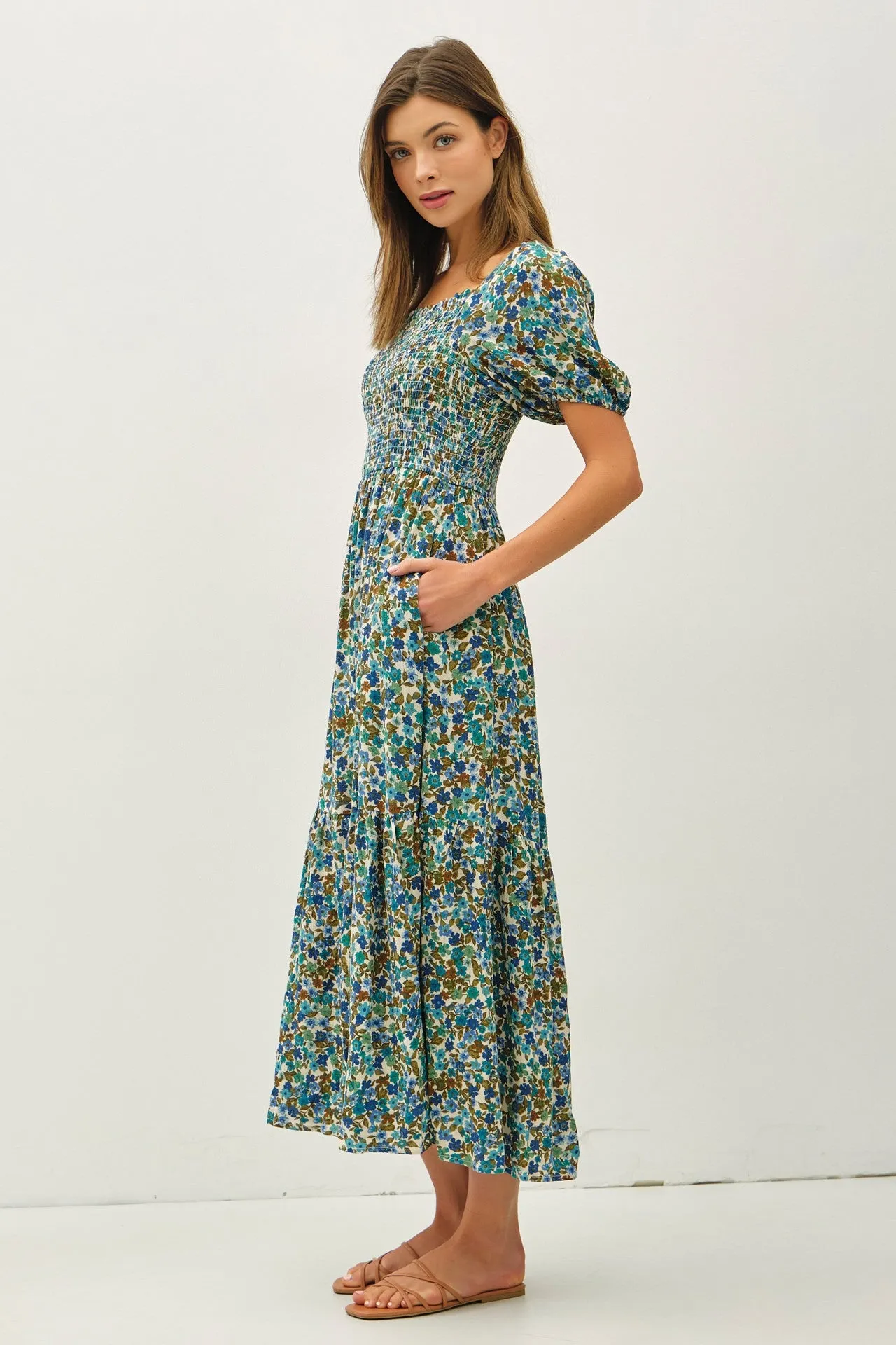 Blue Floral Smocked Tiered Midi Dress sold by Pinkblush product image thumbnail 2