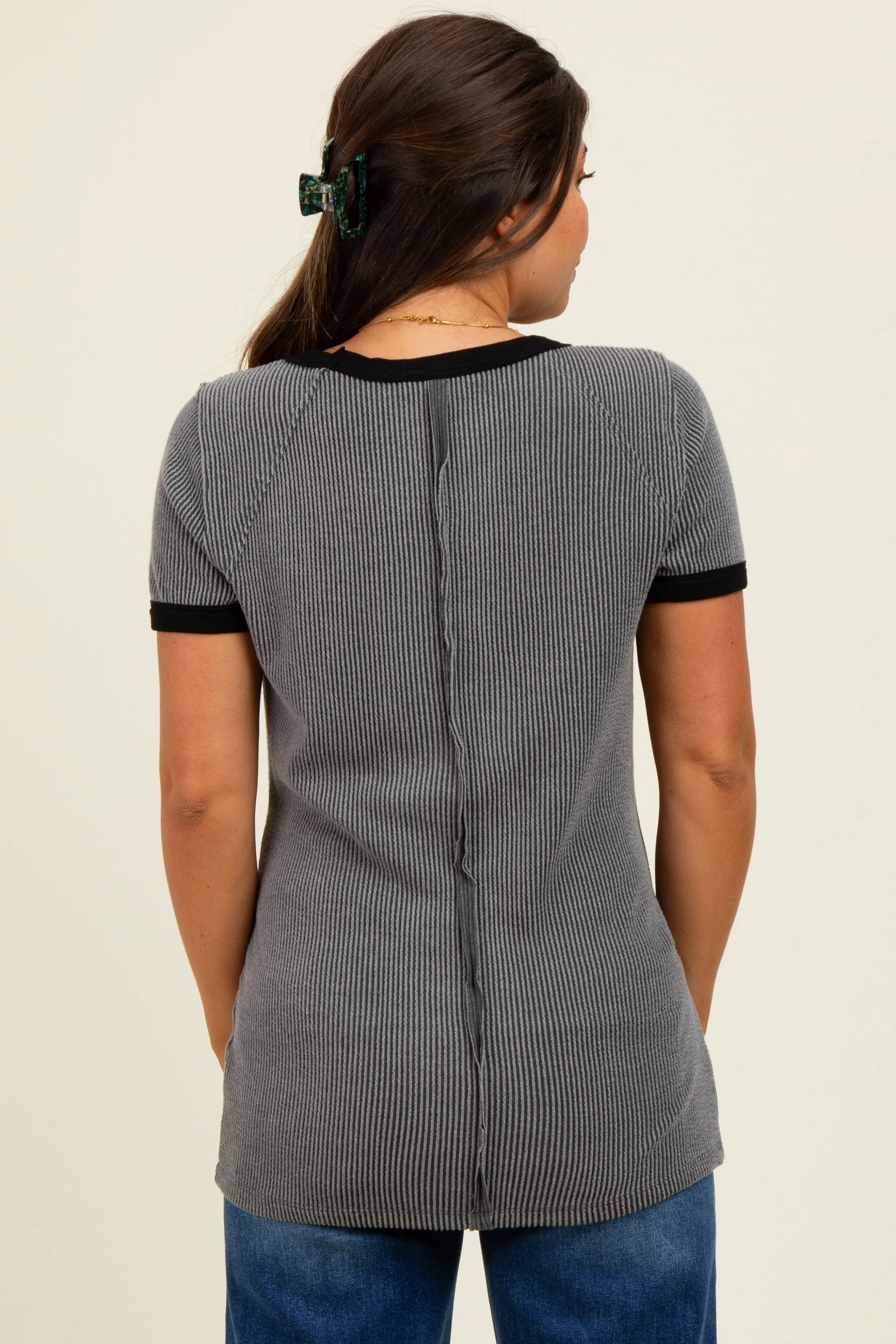 Charcoal/Black Ribbed Short Contrast Sleeve Maternity Top sold by Pinkblush product image thumbnail 3