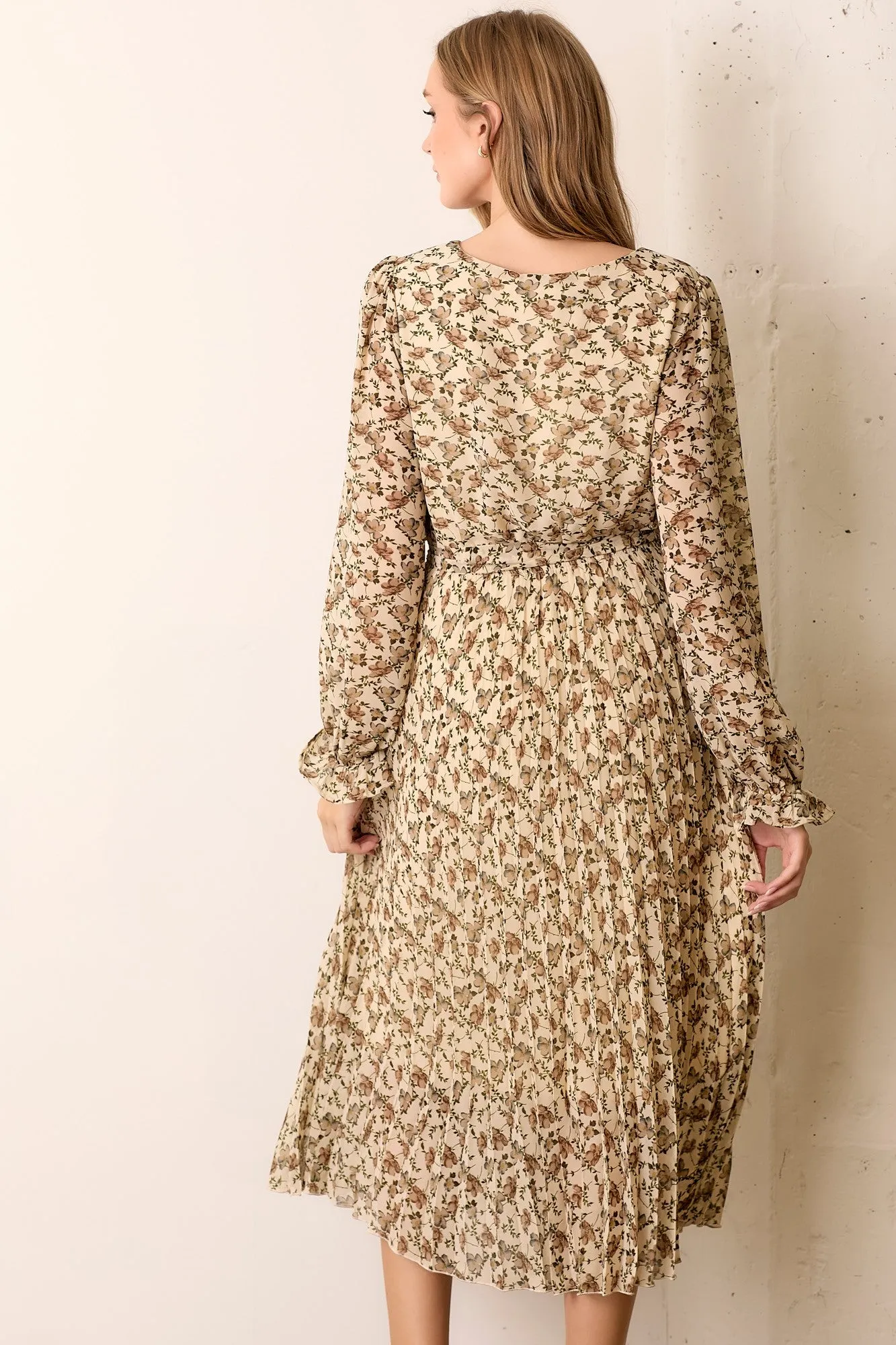 Cream Floral Chiffon Long Sleeve Pleated Midi Dress sold by Pinkblush product image thumbnail 3