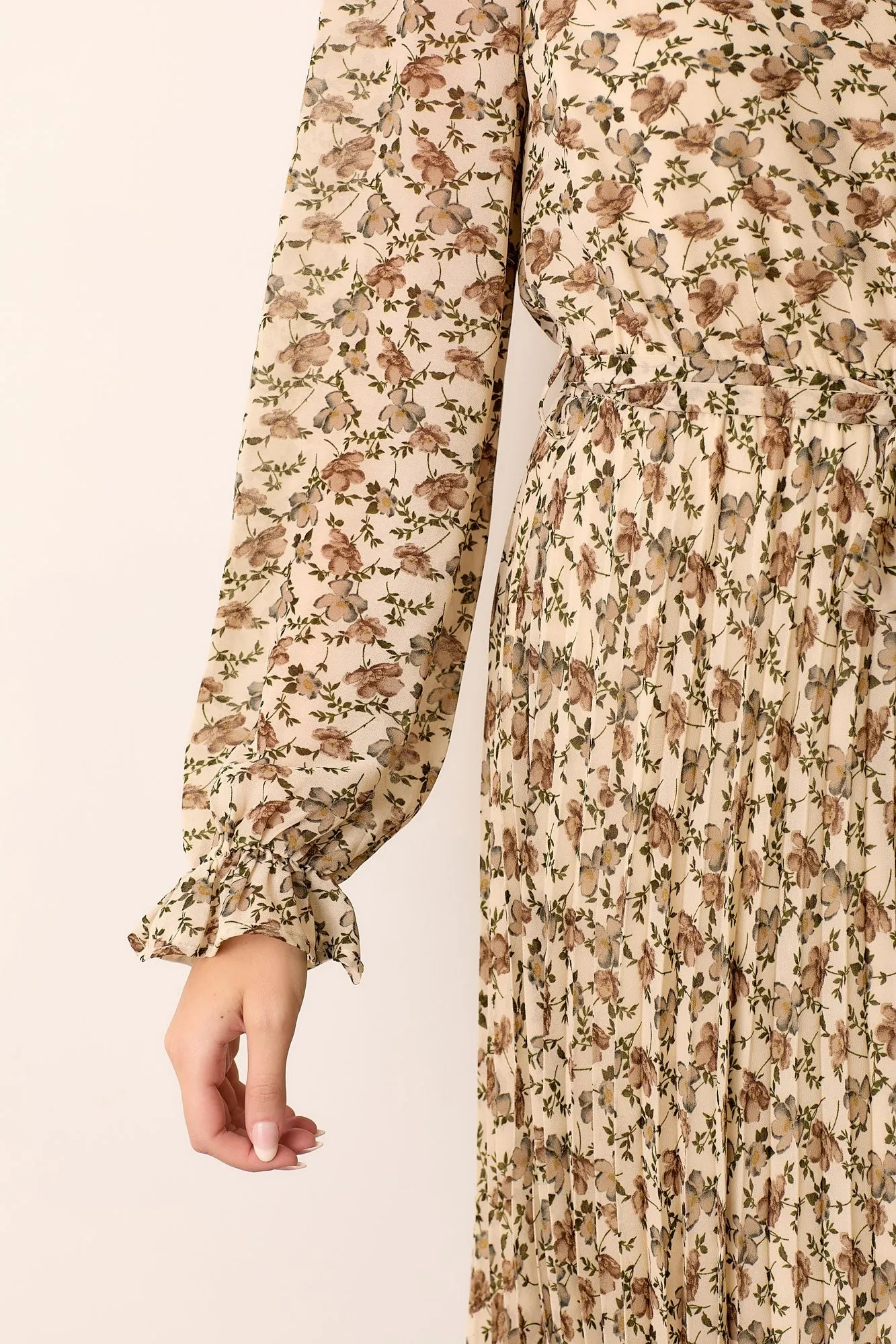 Cream Floral Chiffon Long Sleeve Pleated Midi Dress sold by Pinkblush product image thumbnail 4
