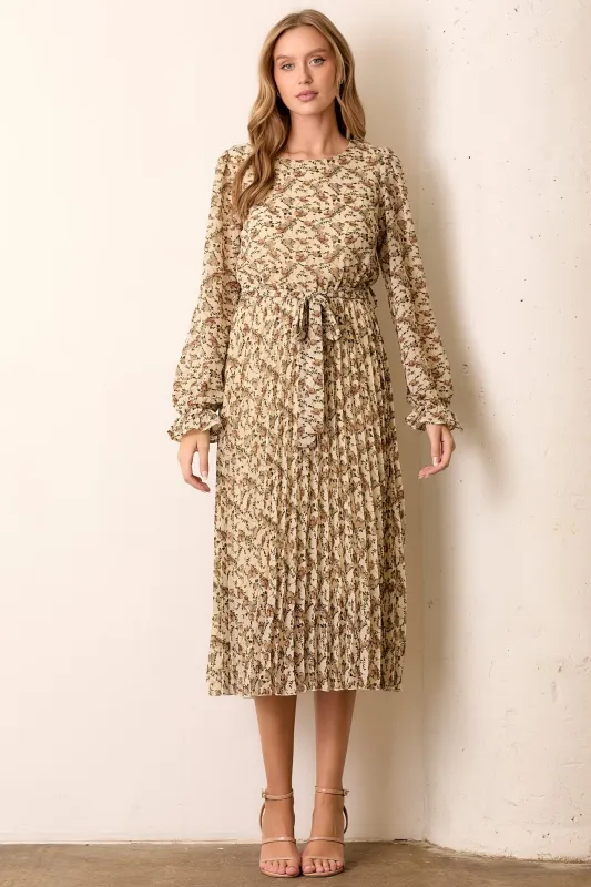 Cream Floral Chiffon Long Sleeve Pleated Midi Dress sold by Pinkblush