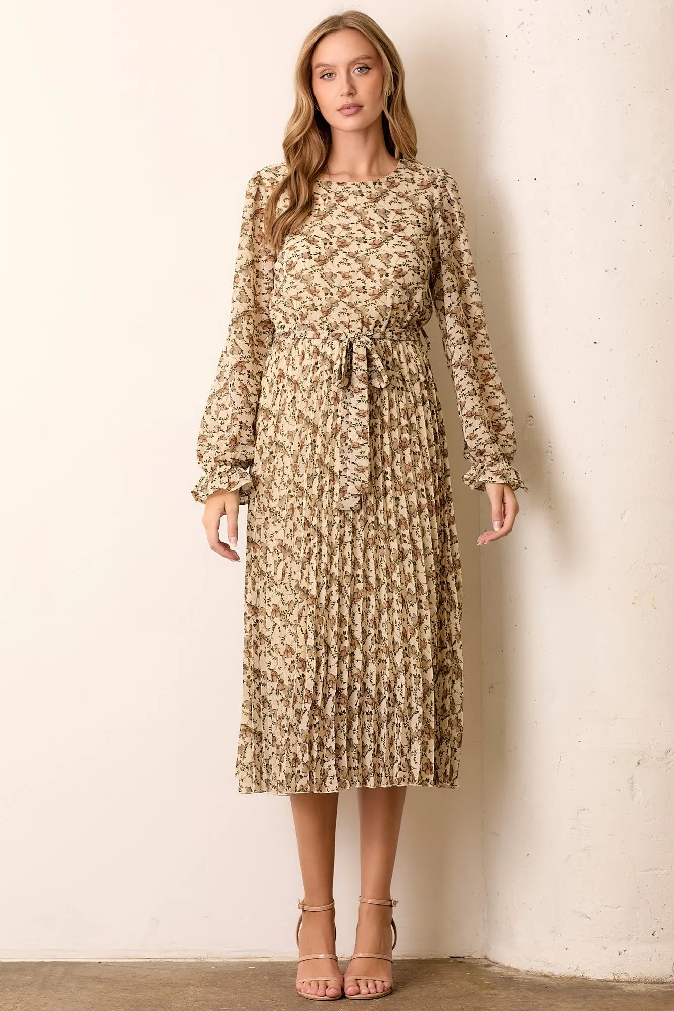 Cream Floral Chiffon Long Sleeve Pleated Midi Dress sold by Pinkblush