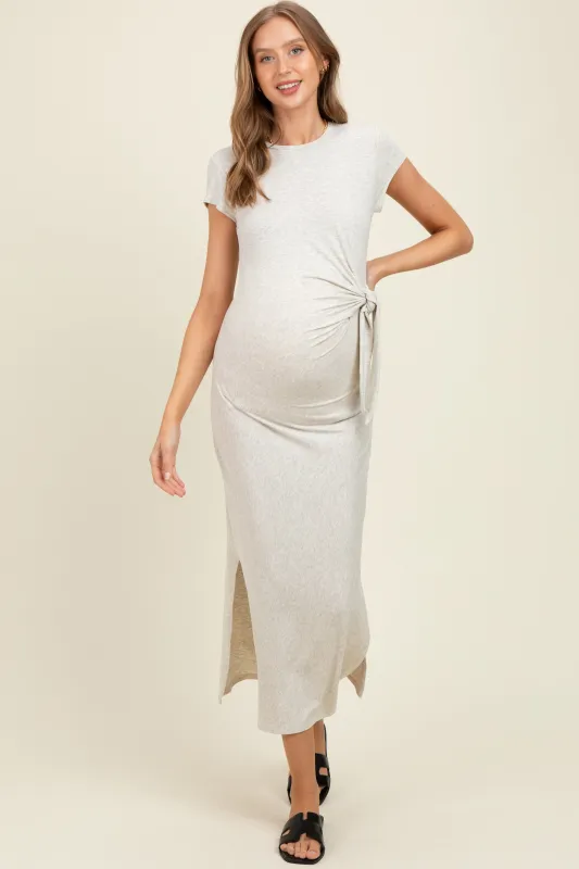 Cream Side Knot Tie Short Sleeve Maternity Midi Dress sold by Pinkblush