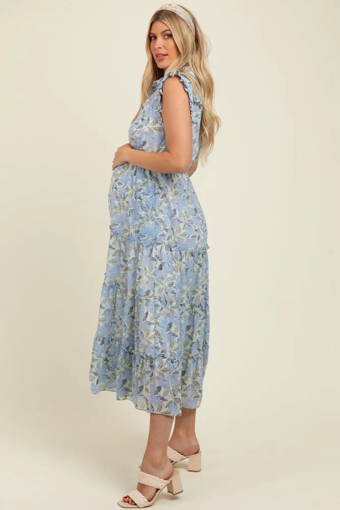 Blue Floral Print Frilled Pocketed Maternity Midi Dress sold by Pinkblush product image thumbnail 2