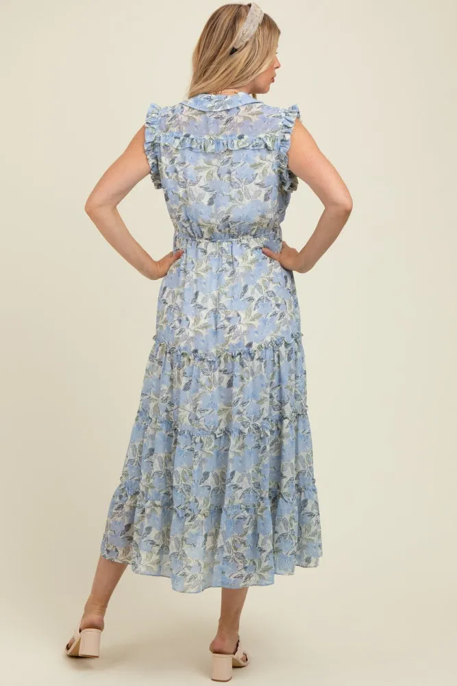 Blue Floral Print Frilled Pocketed Maternity Midi Dress sold by Pinkblush product image thumbnail 3