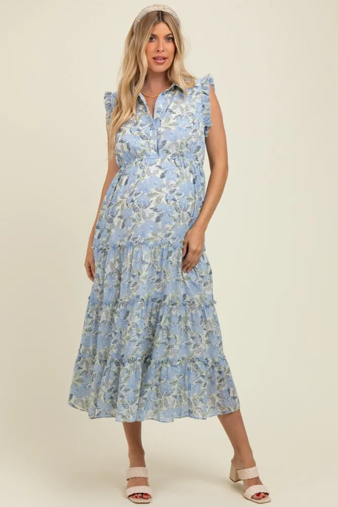 Blue Floral Print Frilled Pocketed Maternity Midi Dress sold by Pinkblush