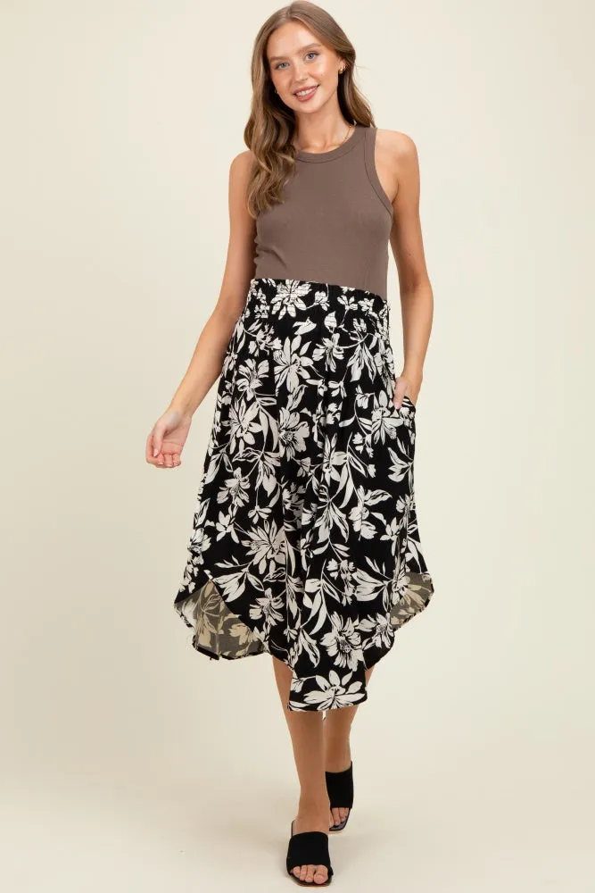 Black Floral Smocked Waistband Maternity Midi Skirt sold by Pinkblush
