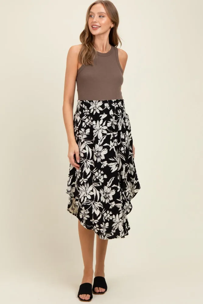 Black Floral Smocked Waistband Maternity Midi Skirt sold by Pinkblush product image thumbnail 2