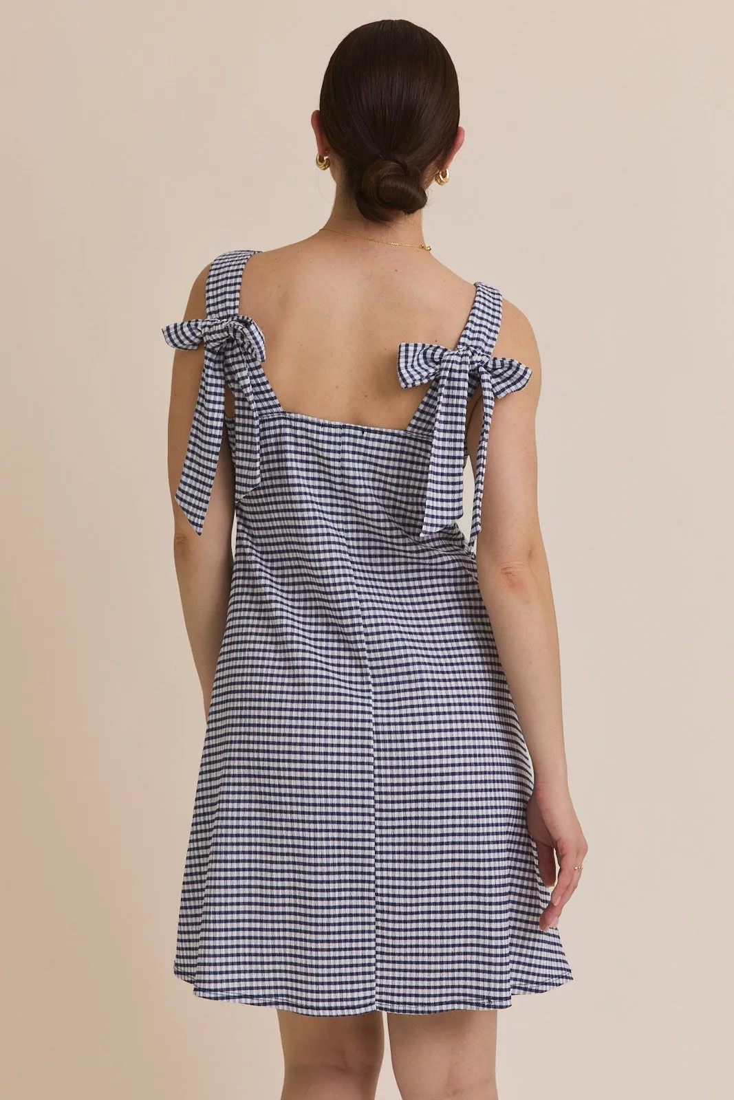Navy Gingham Square Neck Bow Strap Dress sold by Pinkblush product image thumbnail 3