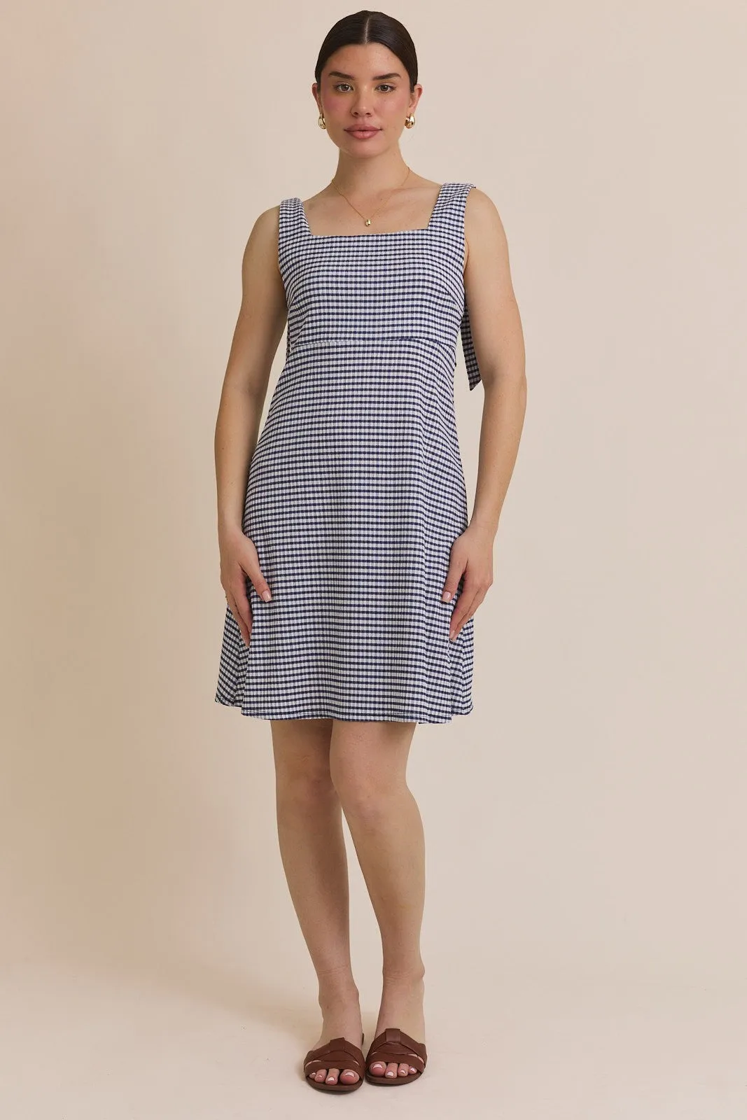 Navy Gingham Square Neck Bow Strap Dress sold by Pinkblush product image thumbnail 4