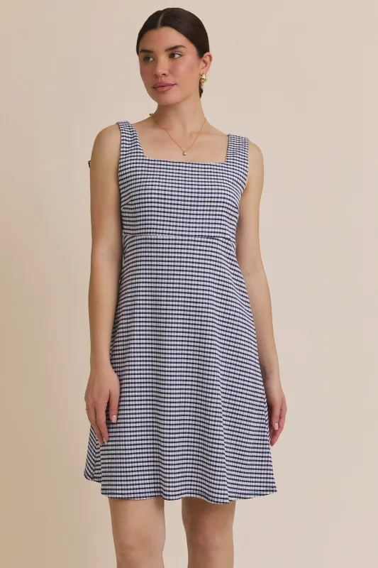 Navy Gingham Square Neck Bow Strap Dress sold by Pinkblush