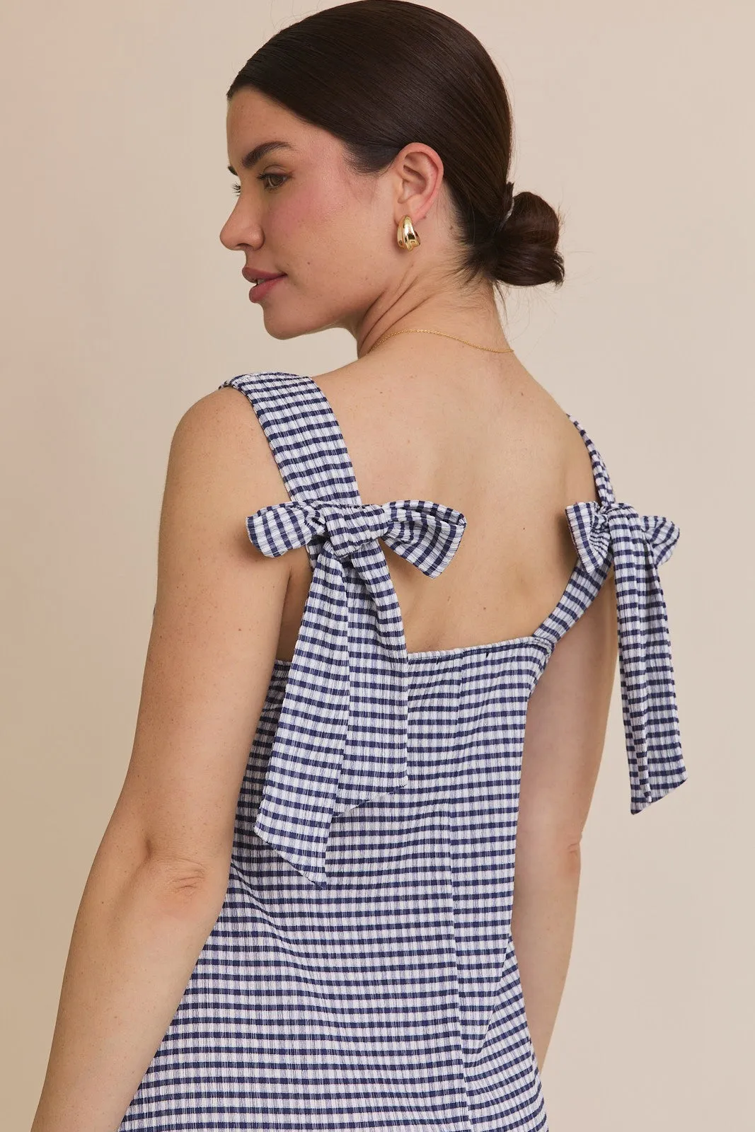 Navy Gingham Square Neck Bow Strap Dress sold by Pinkblush product image thumbnail 5