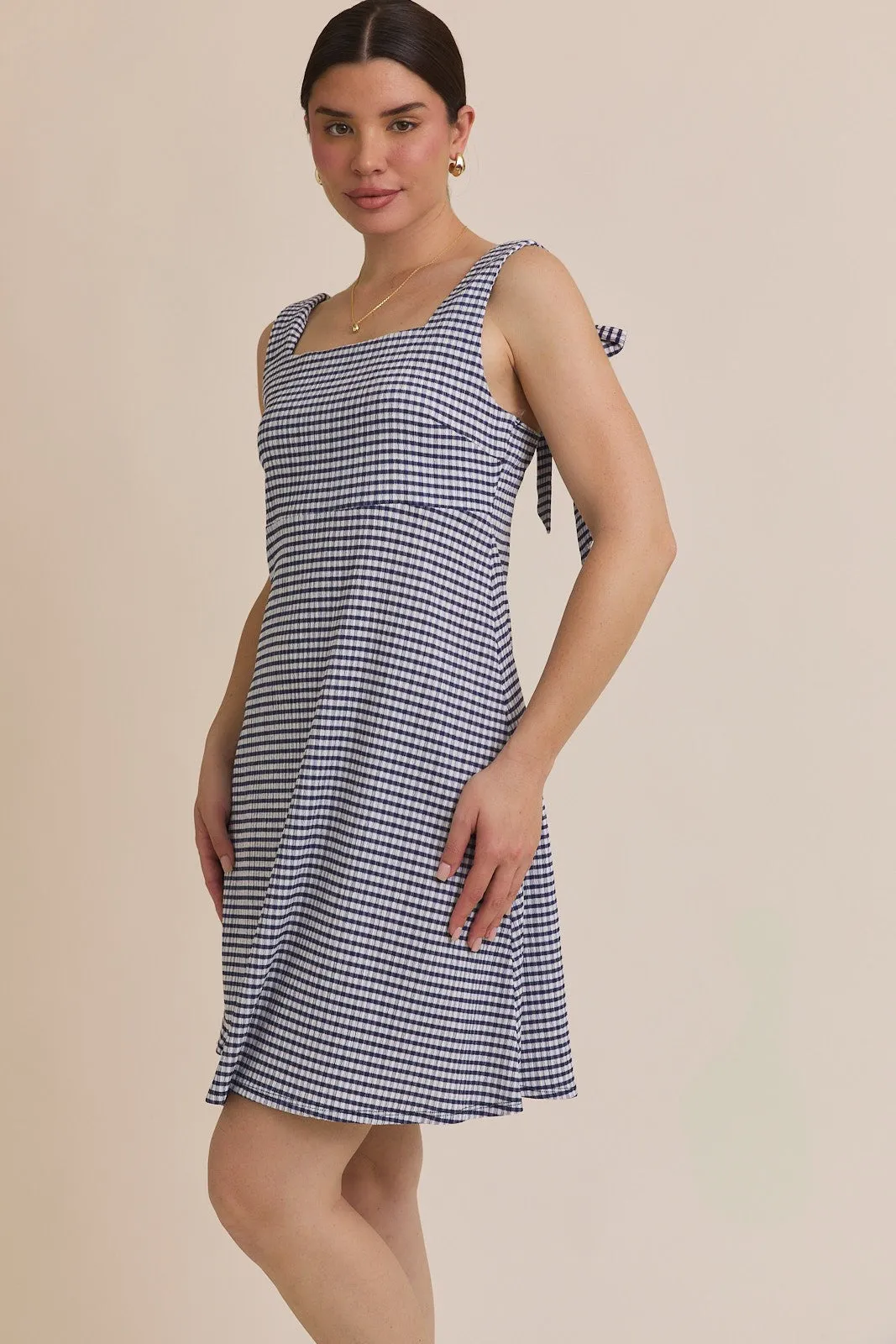 Navy Gingham Square Neck Bow Strap Dress sold by Pinkblush product image thumbnail 2