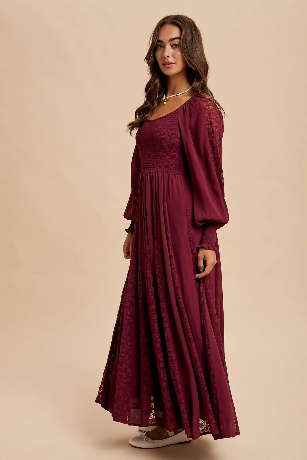 Burgundy Lace Inset Smocked Maxi Dress sold by Pinkblush product image thumbnail 3