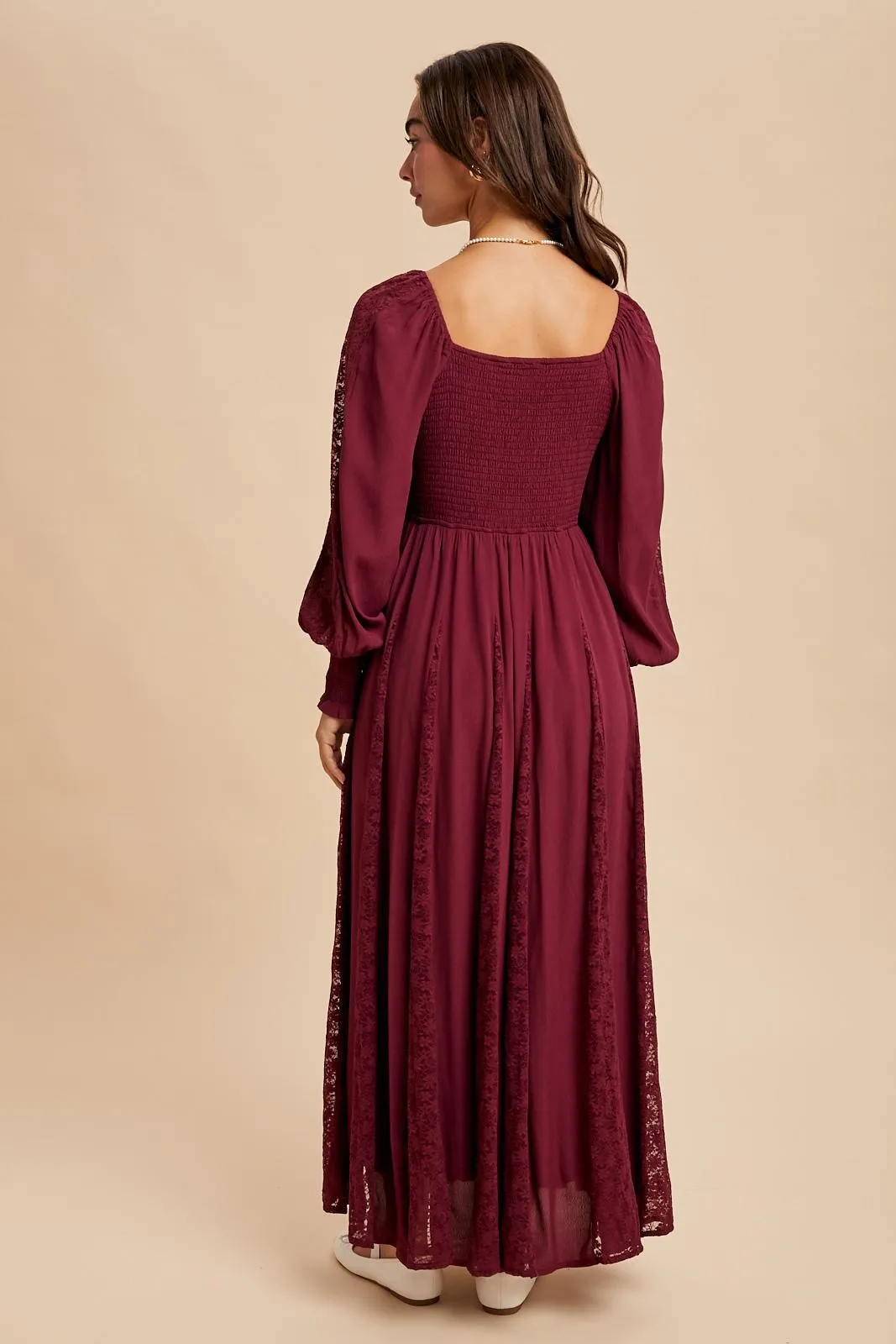 Burgundy Lace Inset Smocked Maxi Dress sold by Pinkblush product image thumbnail 4