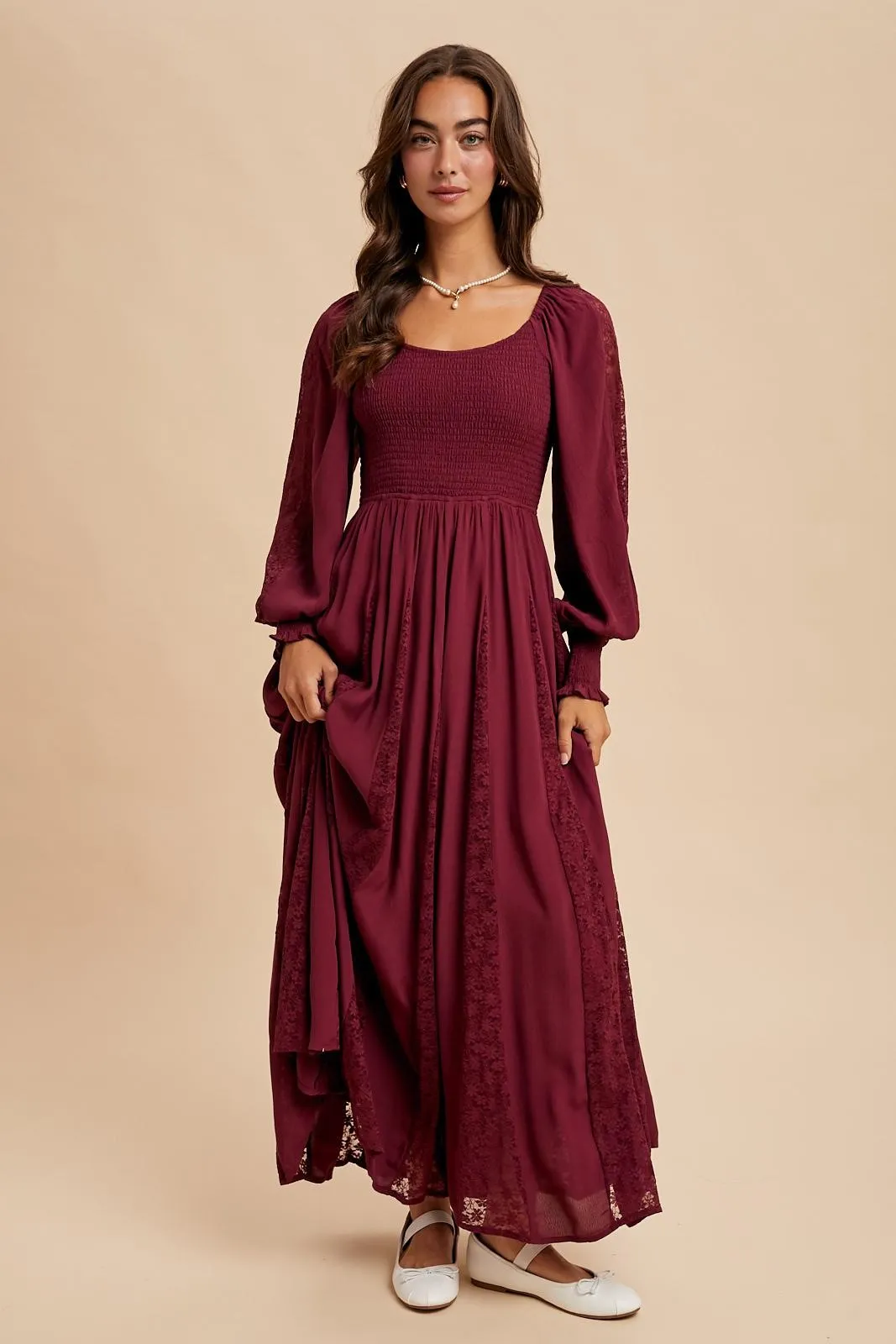 Burgundy Lace Inset Smocked Maxi Dress sold by Pinkblush