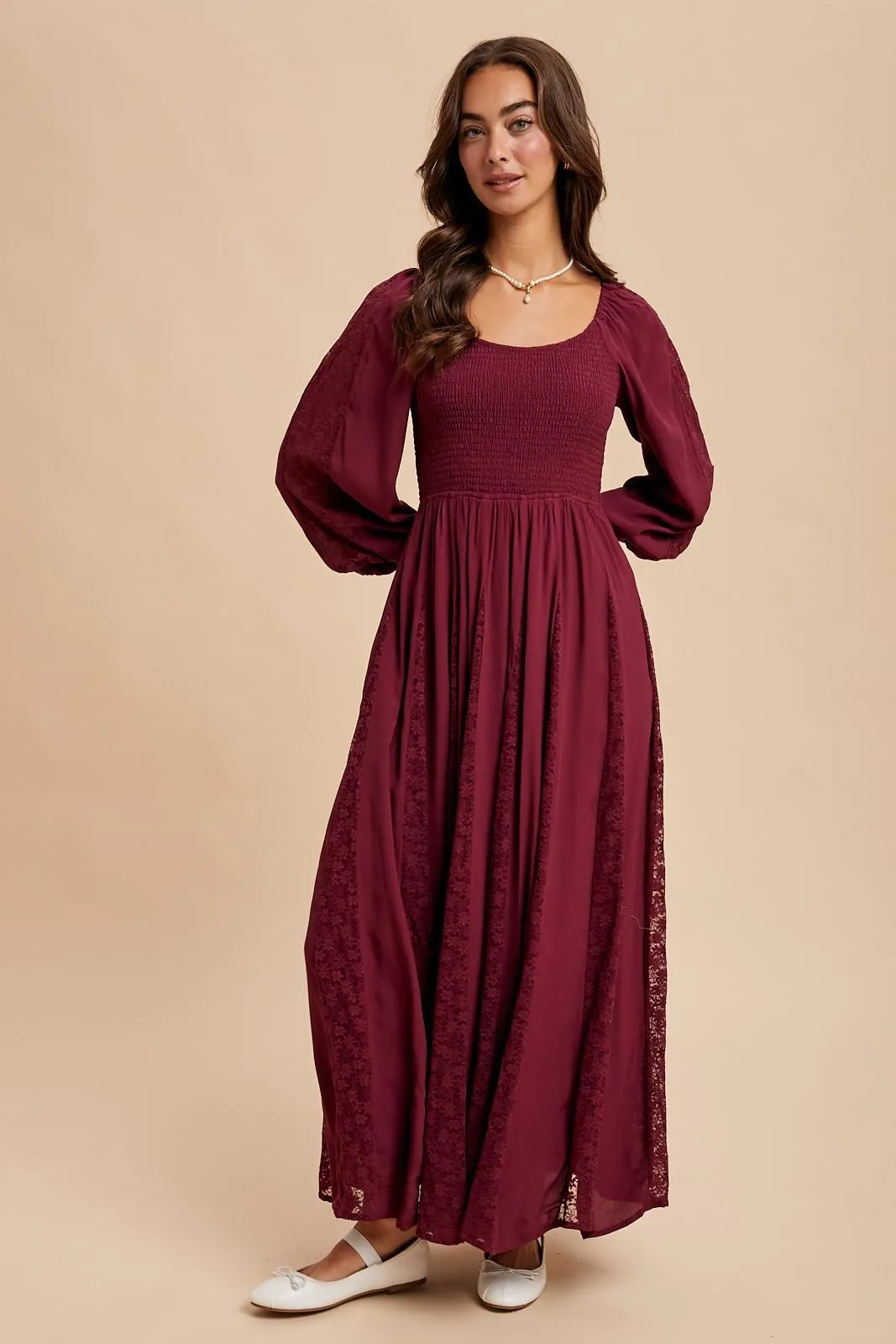 Burgundy Lace Inset Smocked Maxi Dress sold by Pinkblush product image thumbnail 2