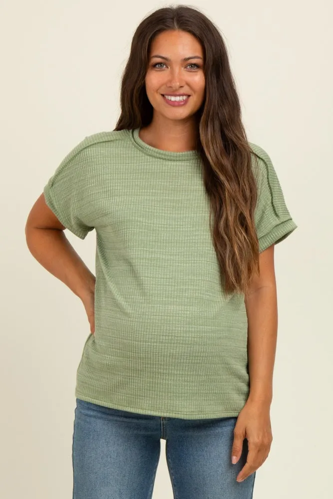 Light Olive Ribbed Exposed Seam Short Sleeve Maternity Top sold by Pinkblush