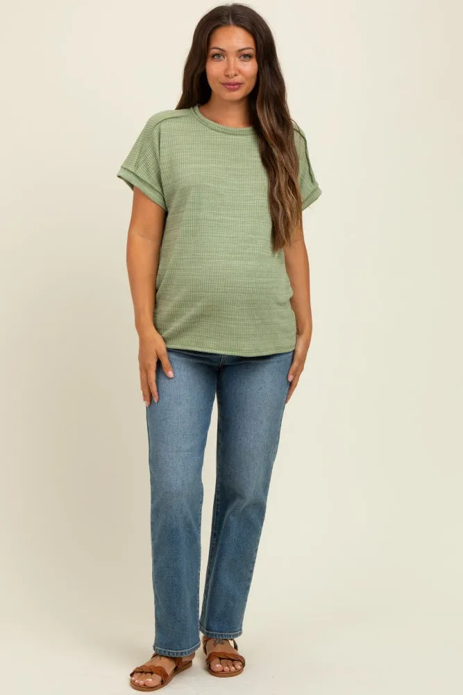 Light Olive Ribbed Exposed Seam Short Sleeve Maternity Top sold by Pinkblush product image thumbnail 2