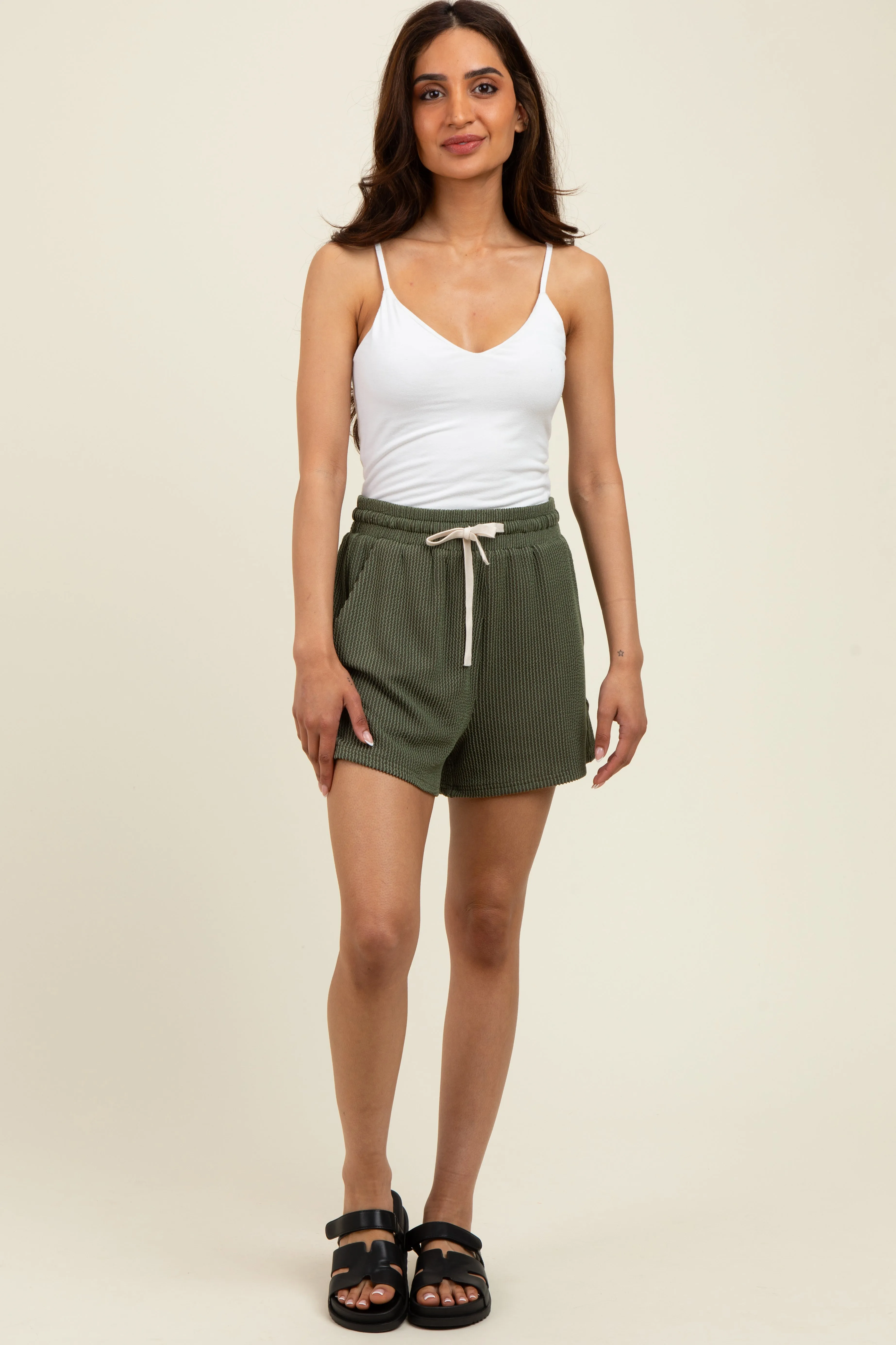 Olive Ribbed Texture Drawstring Shorts sold by Pinkblush